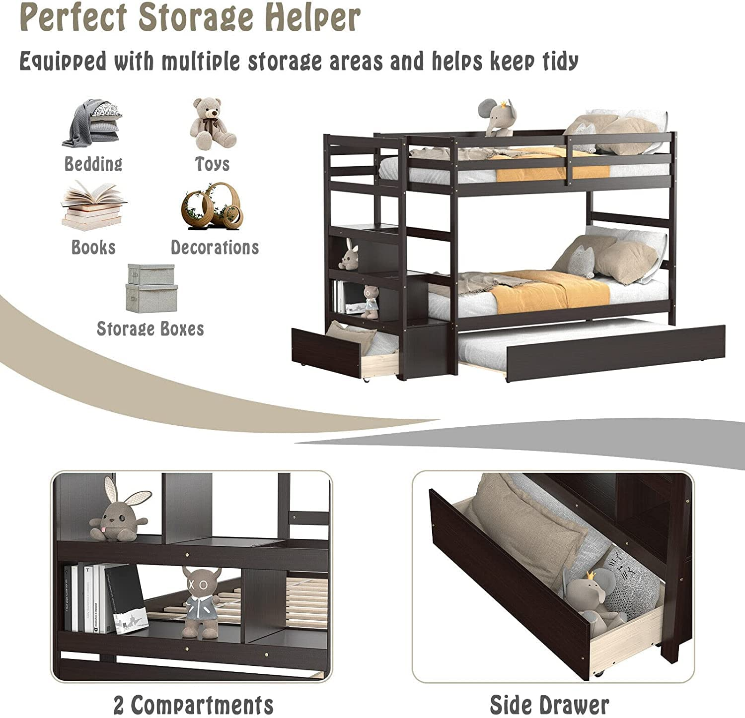 Twin Over Twin Bunk Bed with Trundle & Staircase, Storage Shelves & Drawer