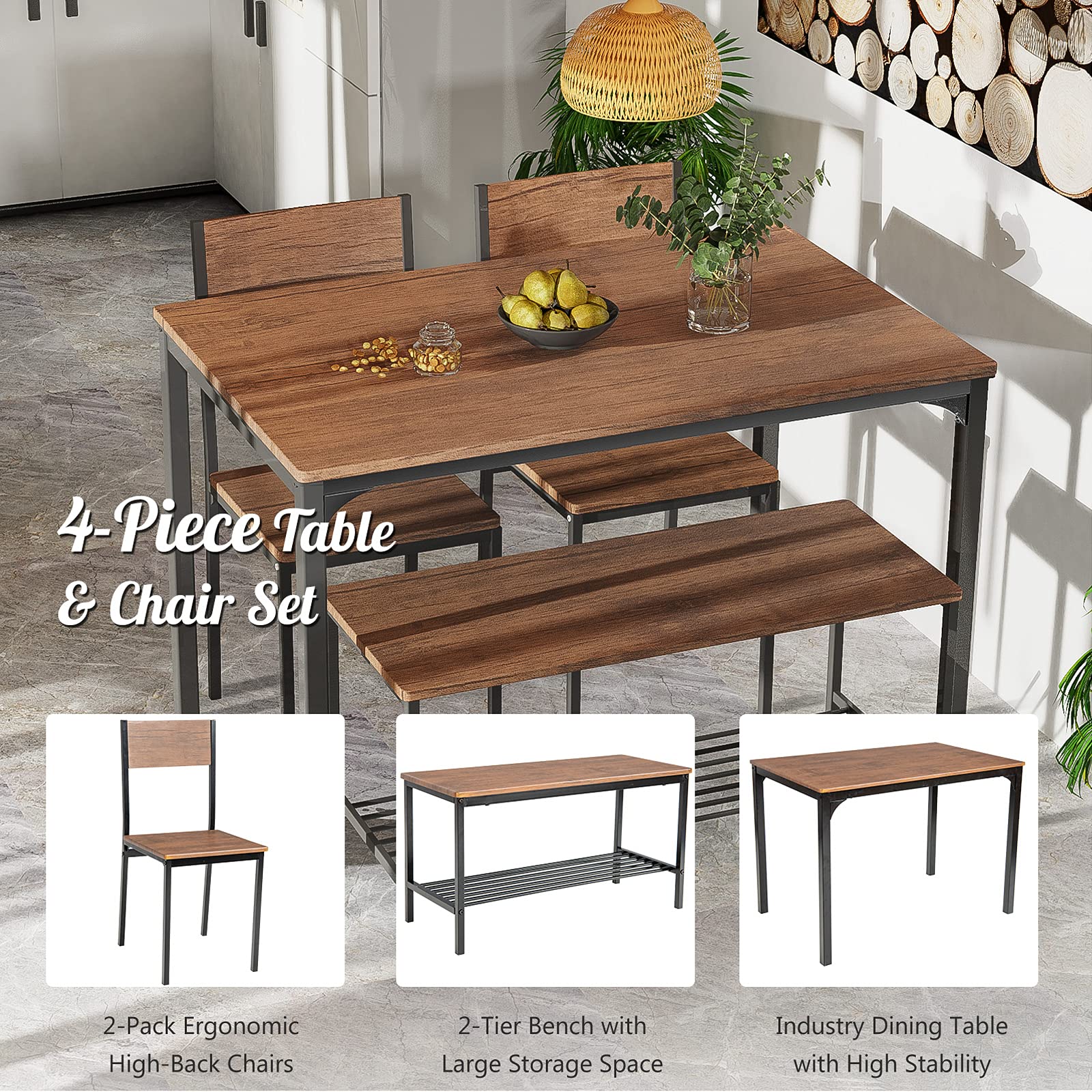 Dining Table Set for 4, Industrial Gathering Bench Dining Set W/Metal Frame & Storage Rack