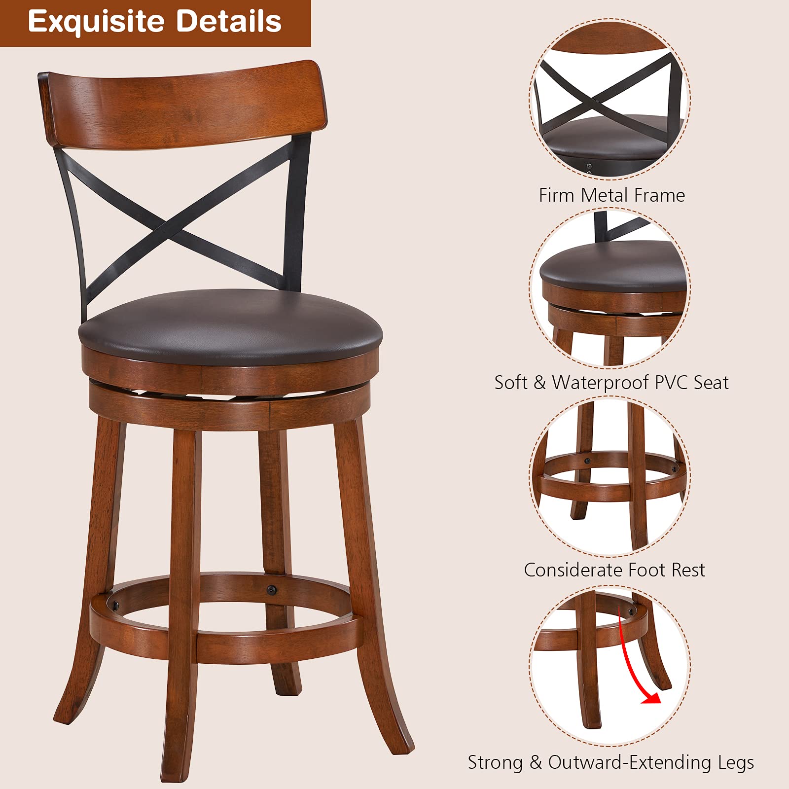 360-Degree Swivel Solid Wood  Bar Stool Set of 2/4 with Soft Cushion & Backrest