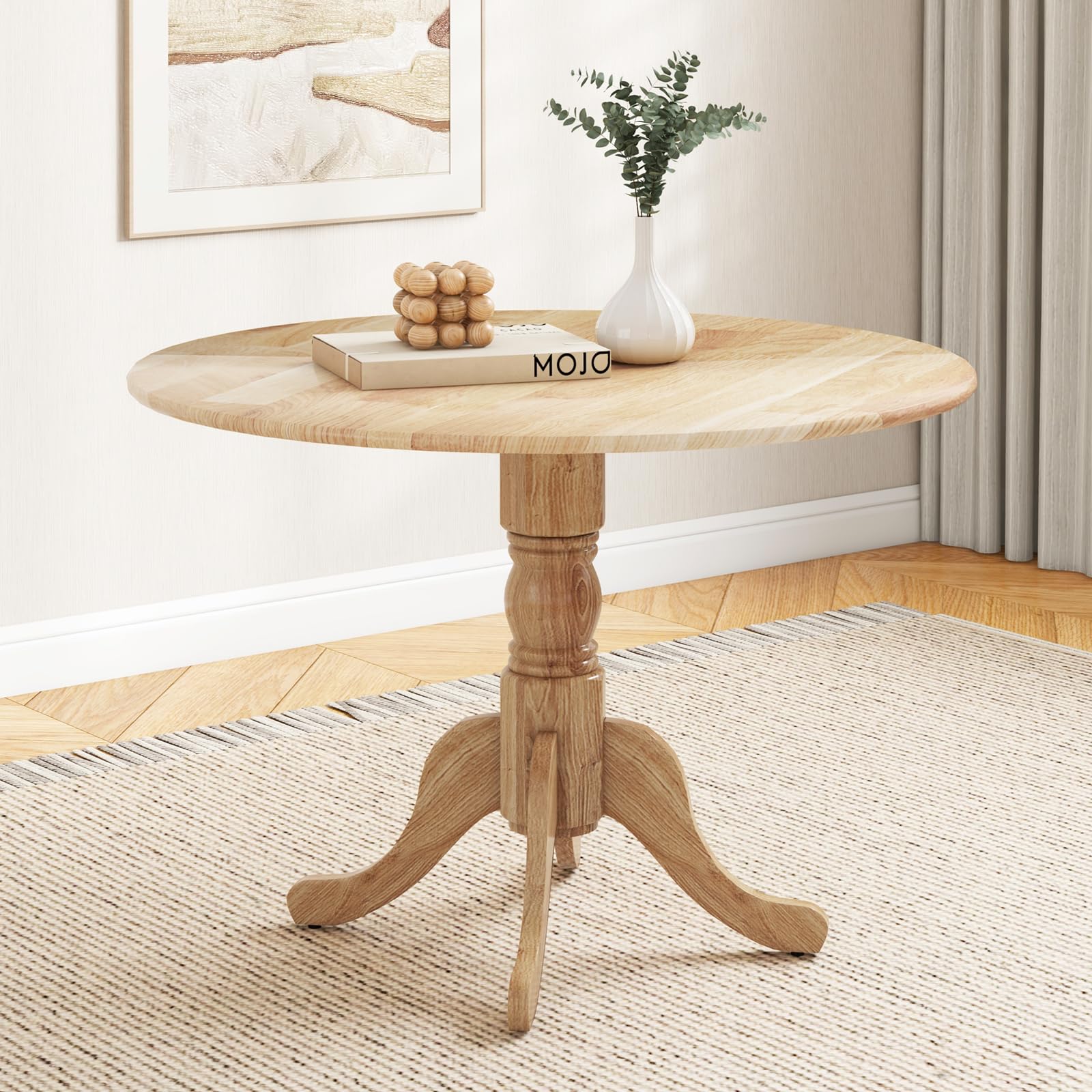 Wood Round Dining Table for 4 People with Round Tabletop & Curved Trestle Legs