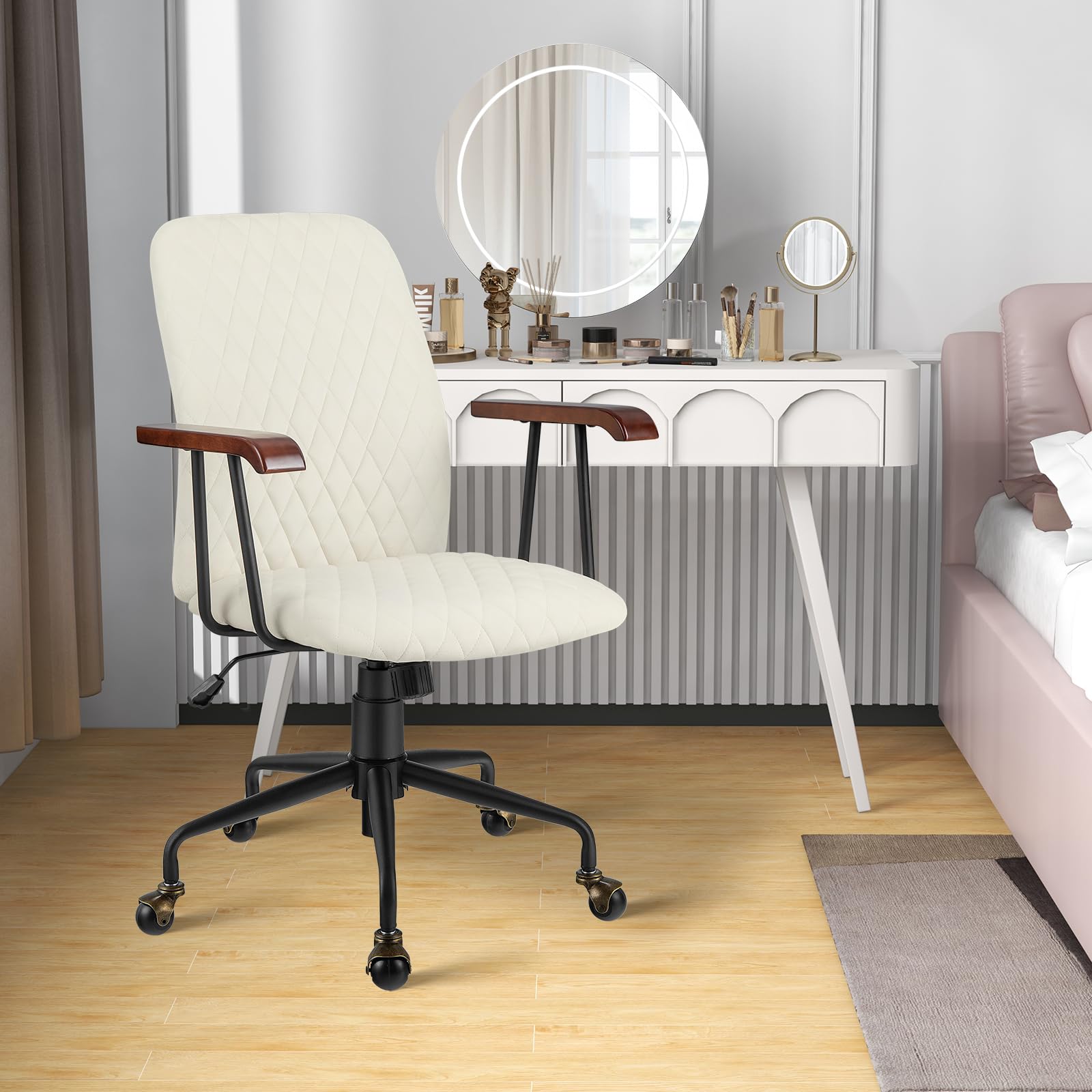 Home Office Desk Chair, Vintage Adjustable Swivel Rolling Chair with Copper Wheels & Armrest