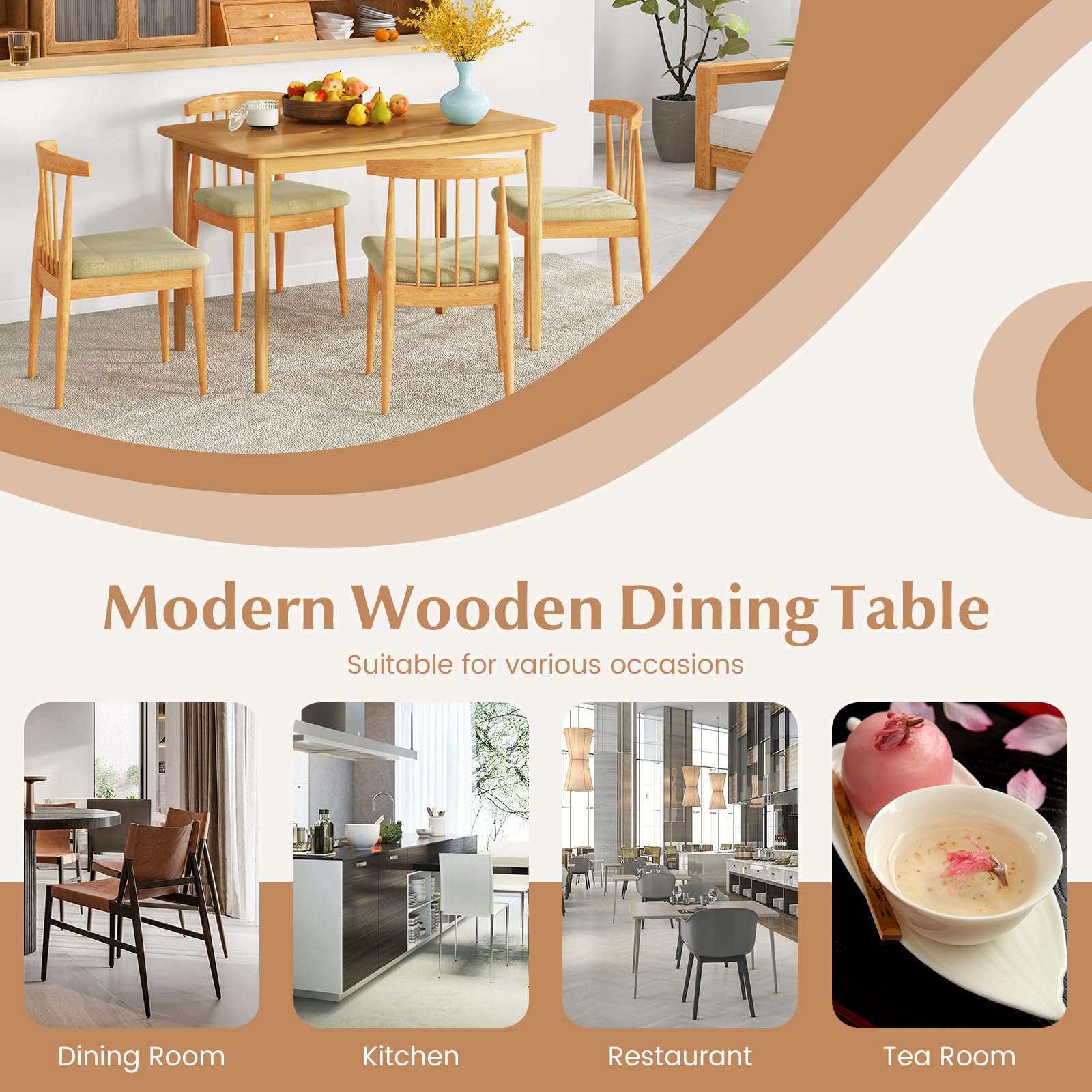 48" Rectangular Wooden Dining Table with Solid Rubber Wood Legs