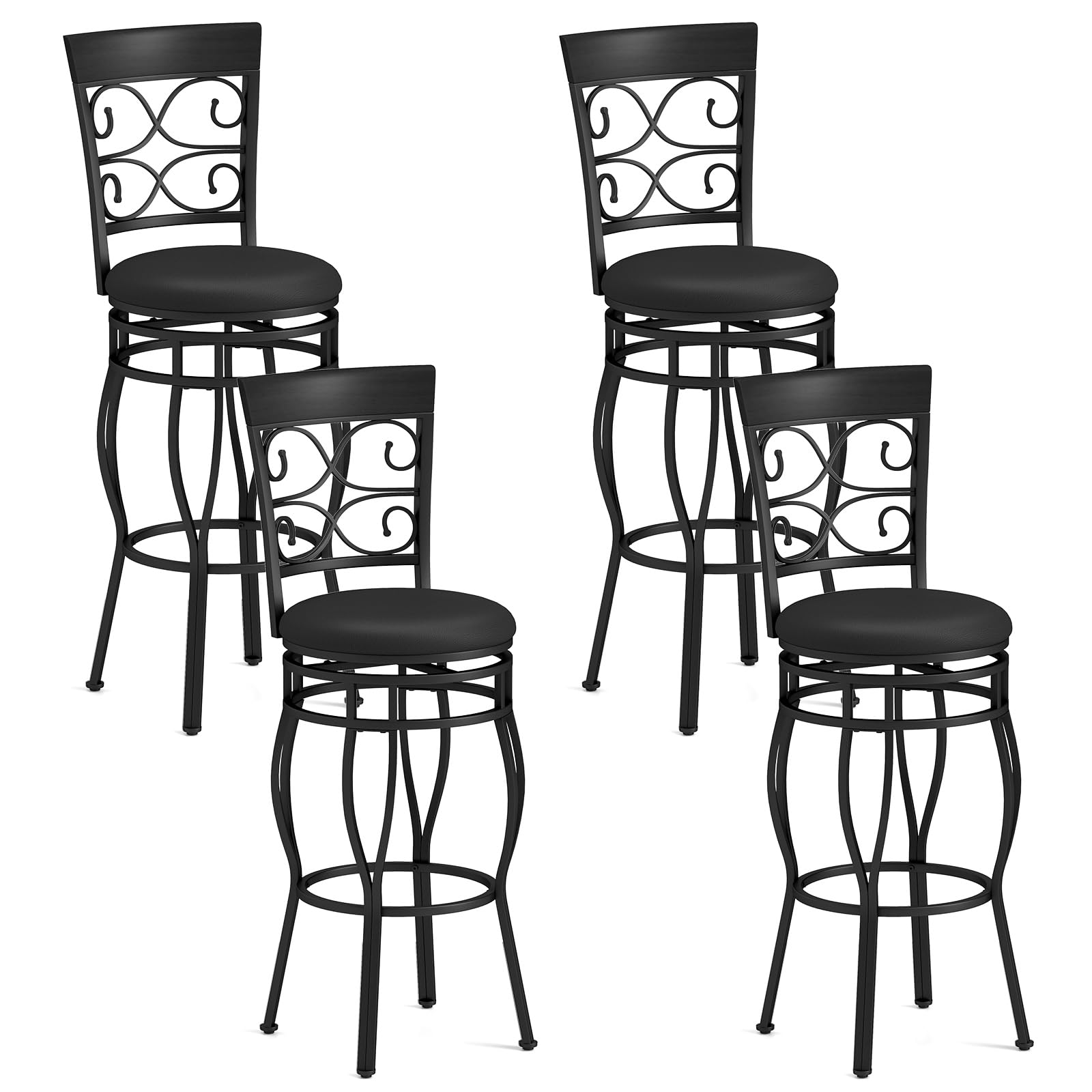 Swivel Bar Stools Set of 2/4, Counter Height Bar Stools with Back, Upholstered PU Leather Seat, Footrest