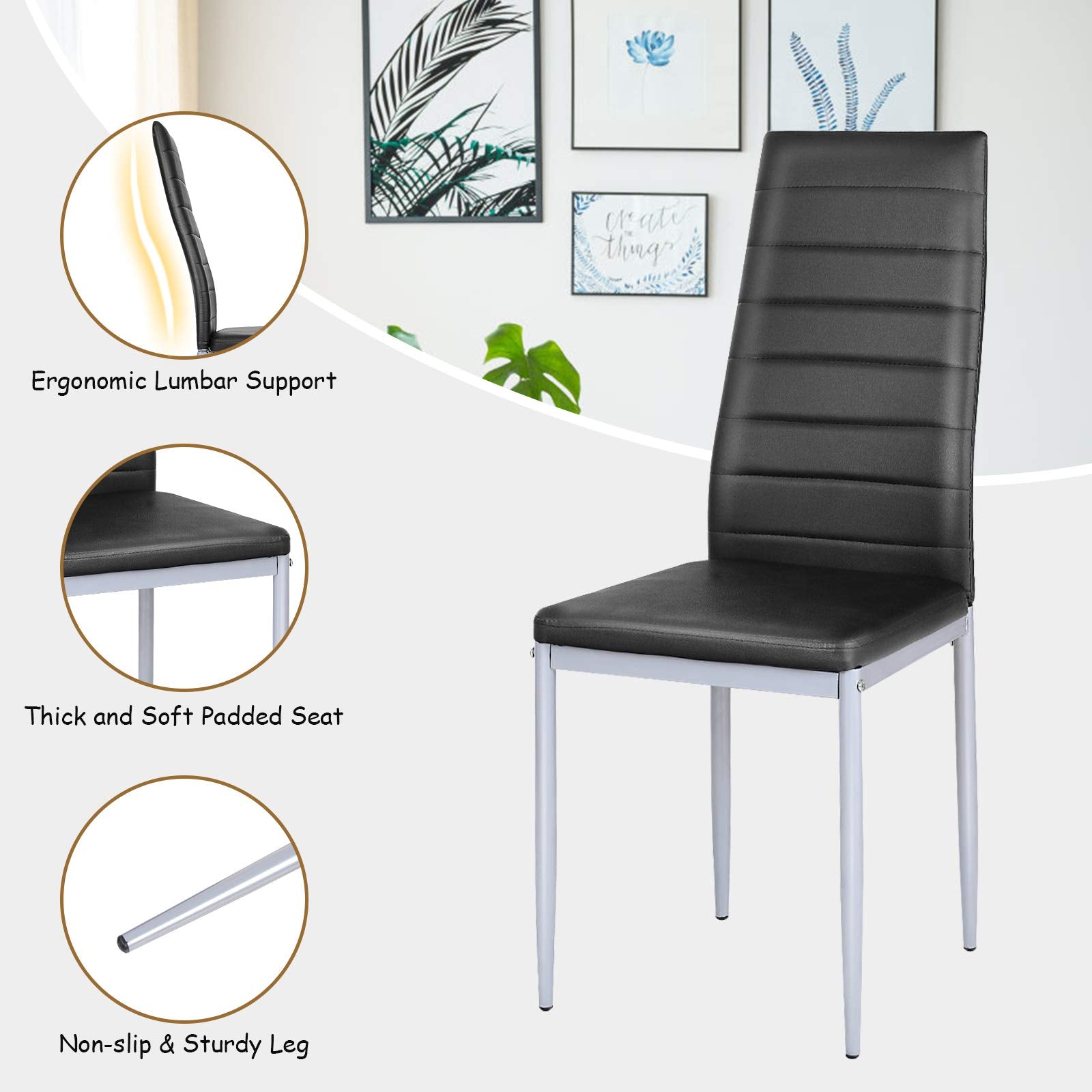 PU Leather Dining Chairs Set of 4, Upholstered Side Chairs w/Ergonomic High Backrest & Steel Frame