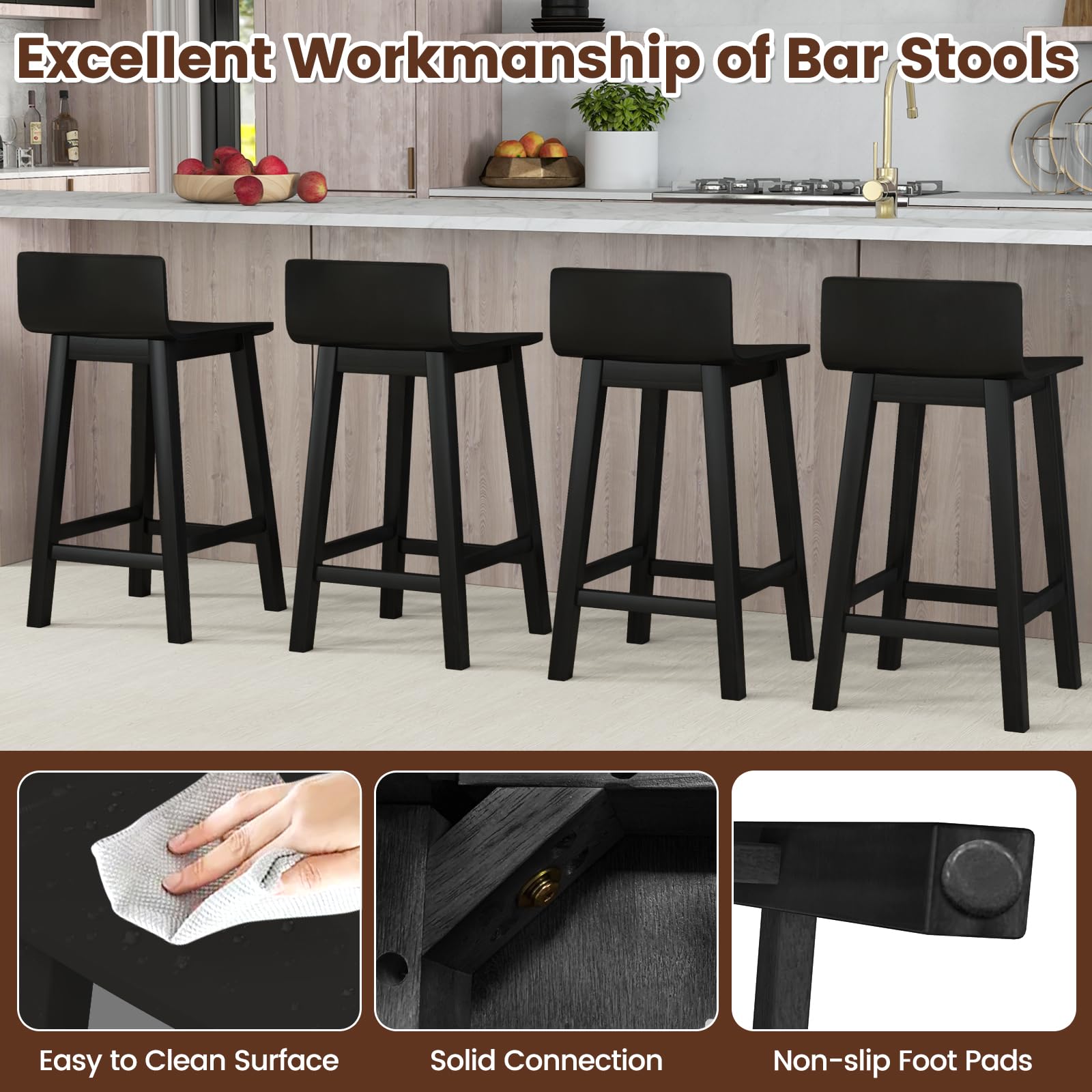 Solid Wood Bar Stools Set of 2/4, Counter Height Chairs with Low Back and Footrest