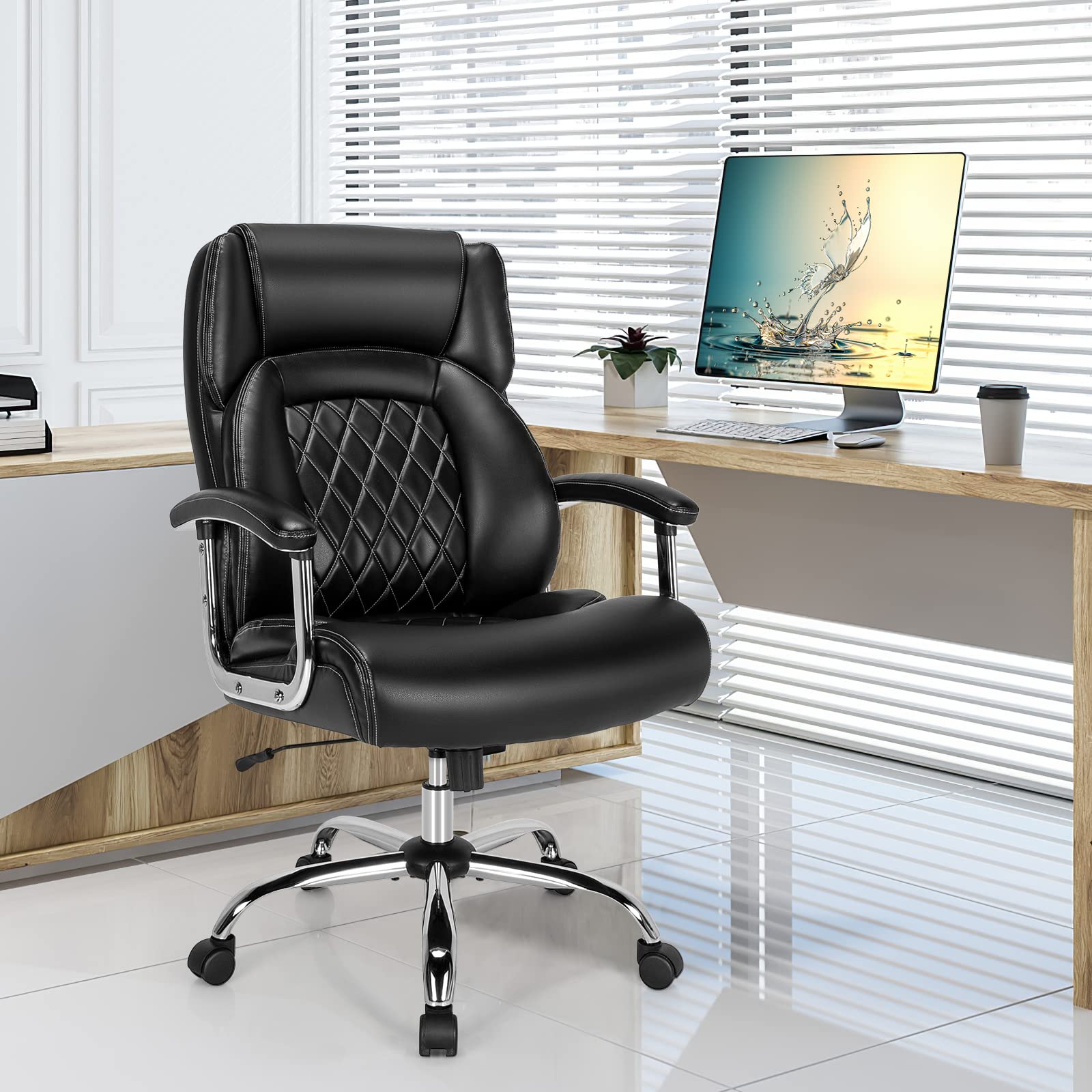 500LBS Big and Tall Office Chair, Wide Seat Large Leather Executive Chair w/Heavy Duty Metal Base