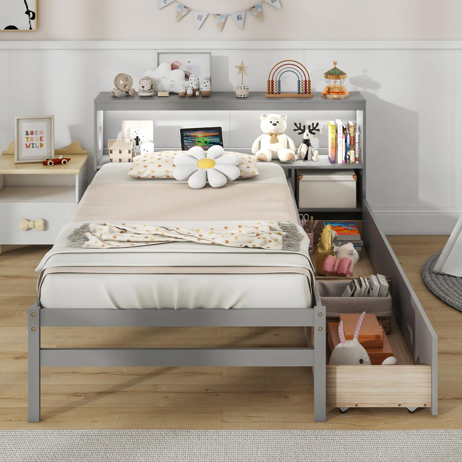 Wood Twin Bed Frame with Storage Drawer & Headboard, Modern Platform Bed with Charging Station & LED Light