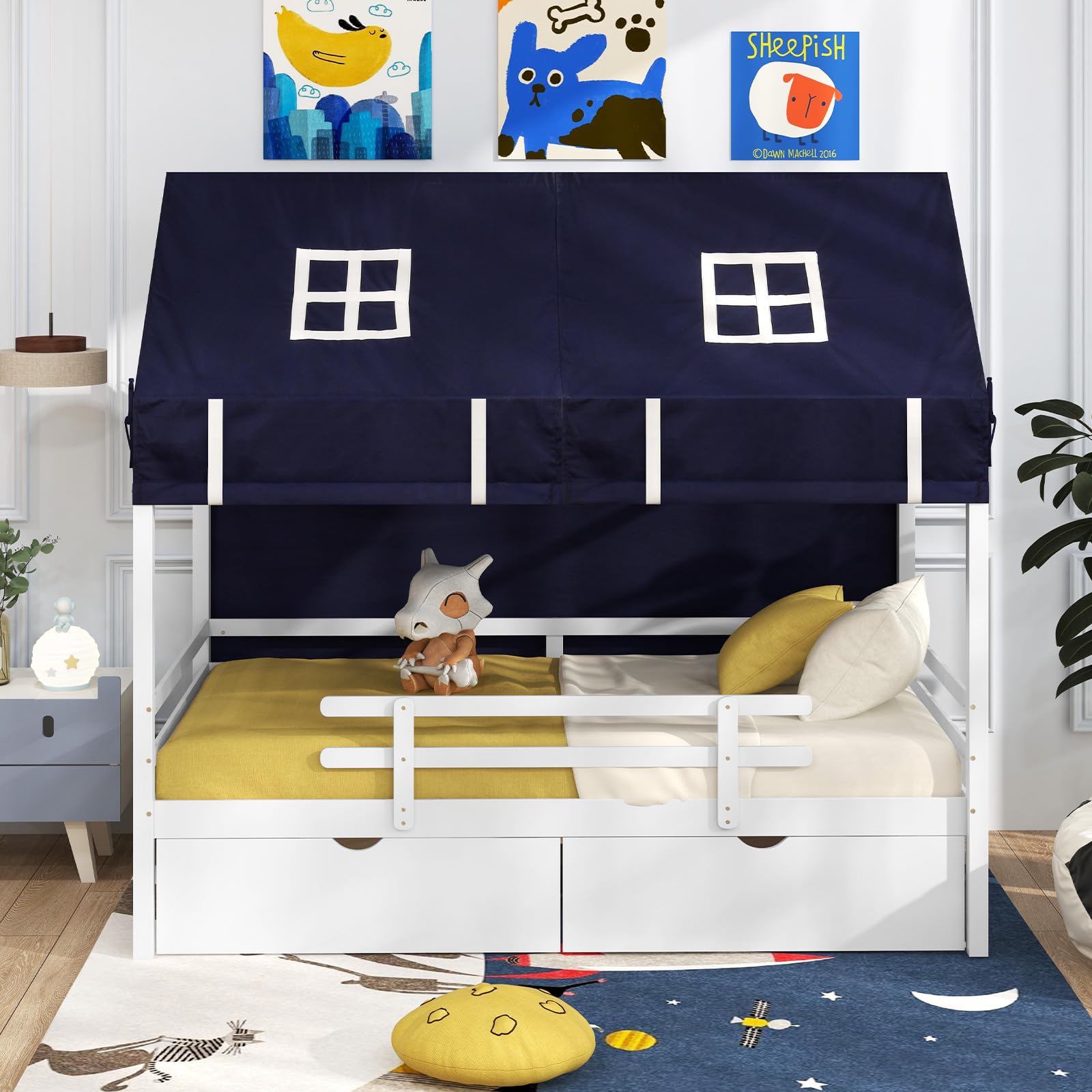 Twin House Bed with Tent, Wood Kids Bed with 2 Storage Drawers, Solid Wood Daybed Frame with Rails and Roof