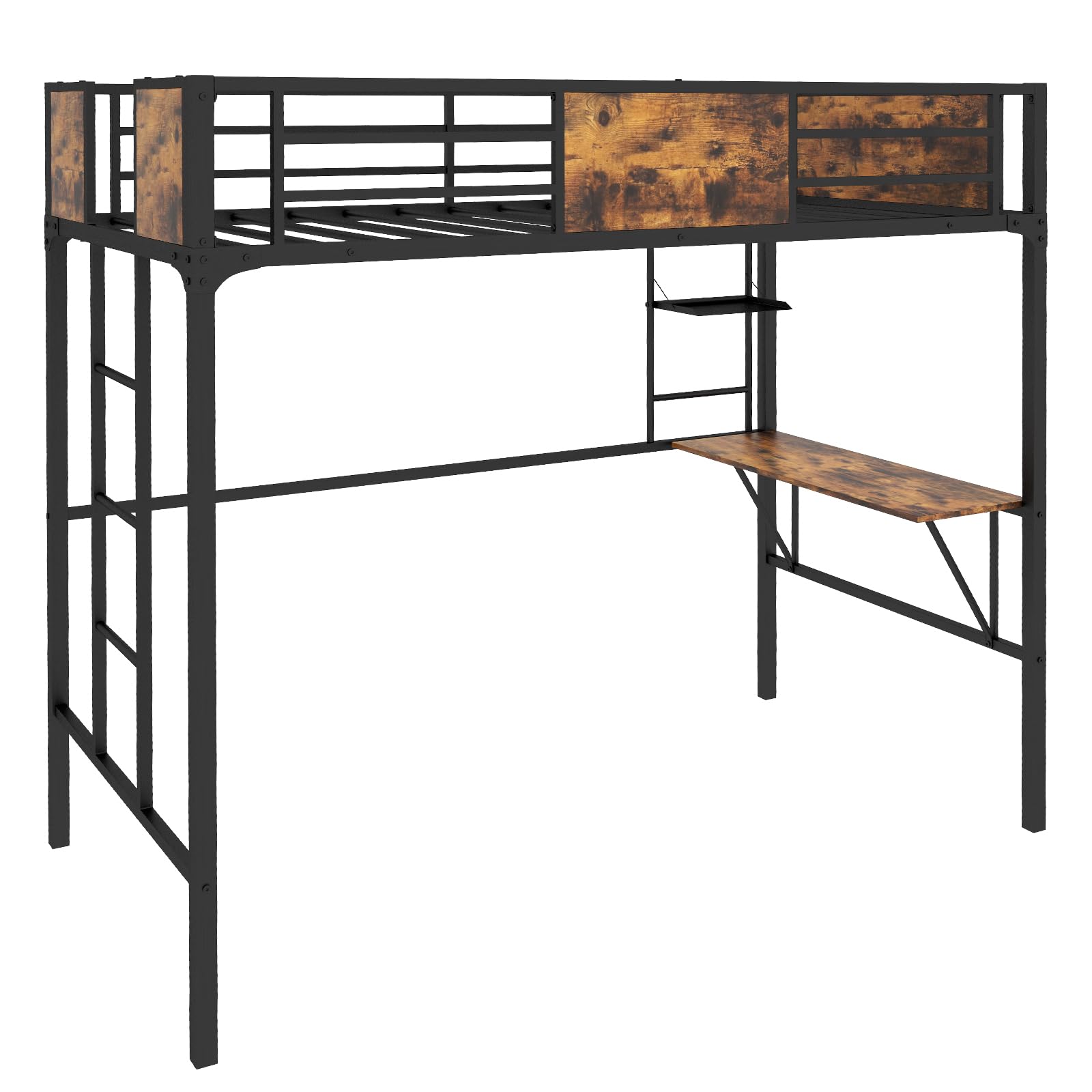 Metal Twin Loft Bed with Desk and Storage Shelf