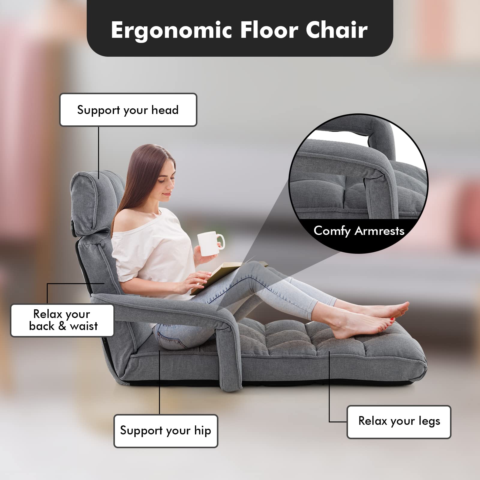 Foldable Lazy Sofa, Indoor Chaise Lounger Sofa with 6 Adjustable Positions