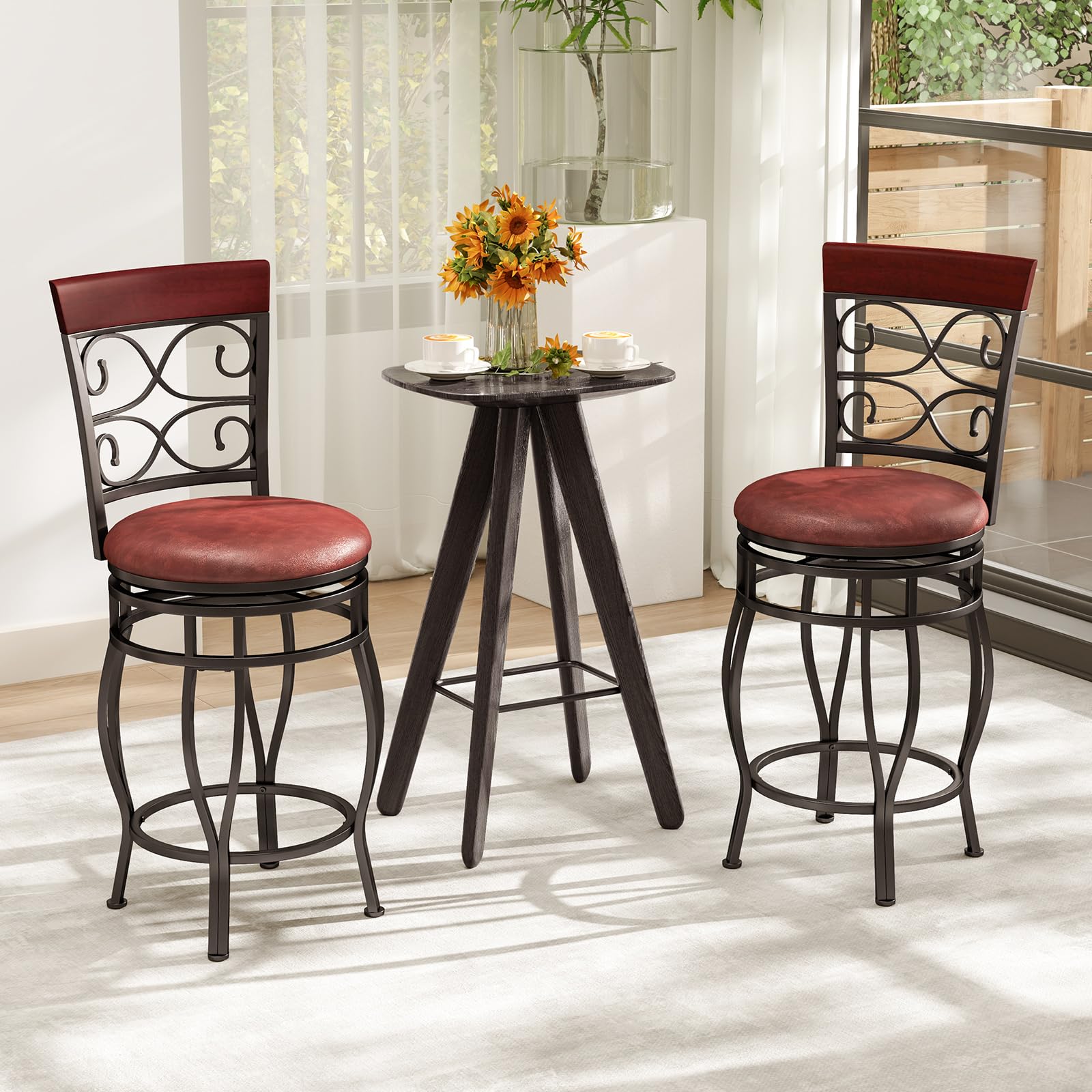 Swivel Bar Stools Set of 2/4, Counter Height Bar Stools with Back, Upholstered PU Leather Seat, Footrest