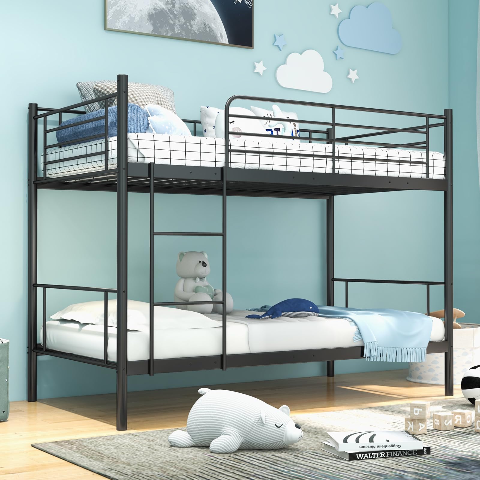 Twin Over Twin Metal Bunk Bed with Ladder & Full-Length Guardrails