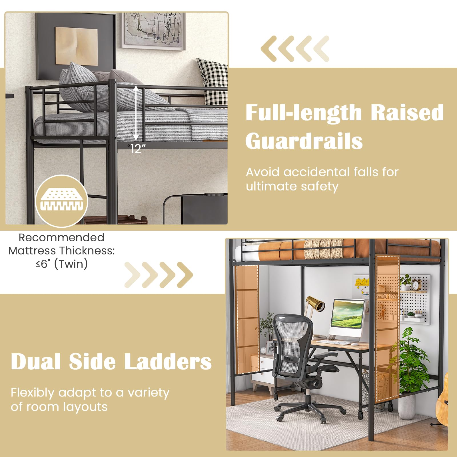 Twin Size Metal Loft Bed with Both Side Ladders & Safety Guardrails