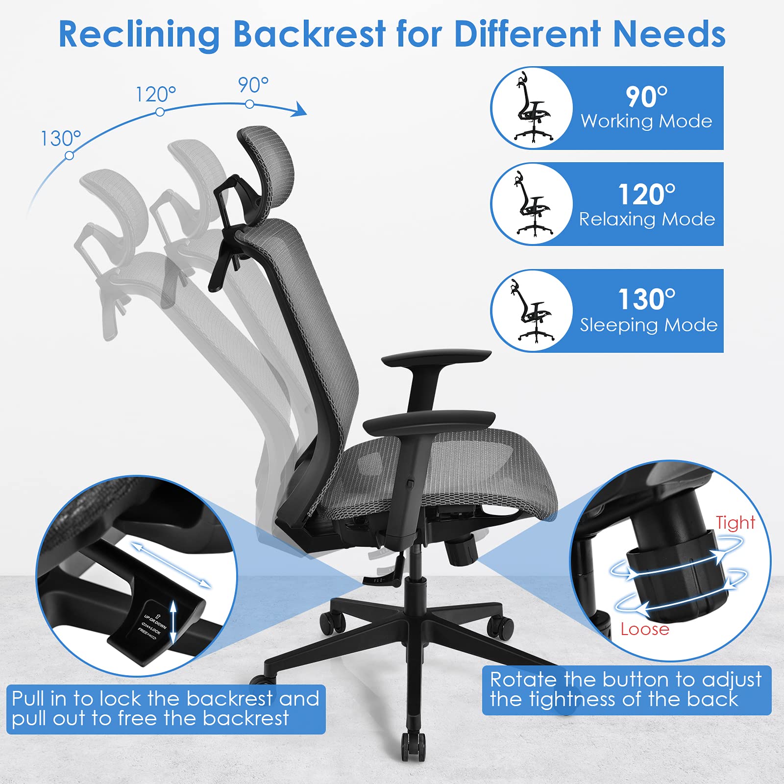 Ergonomic Office Chair, Mesh Desk Chair Back Support with Adjustable Headrest