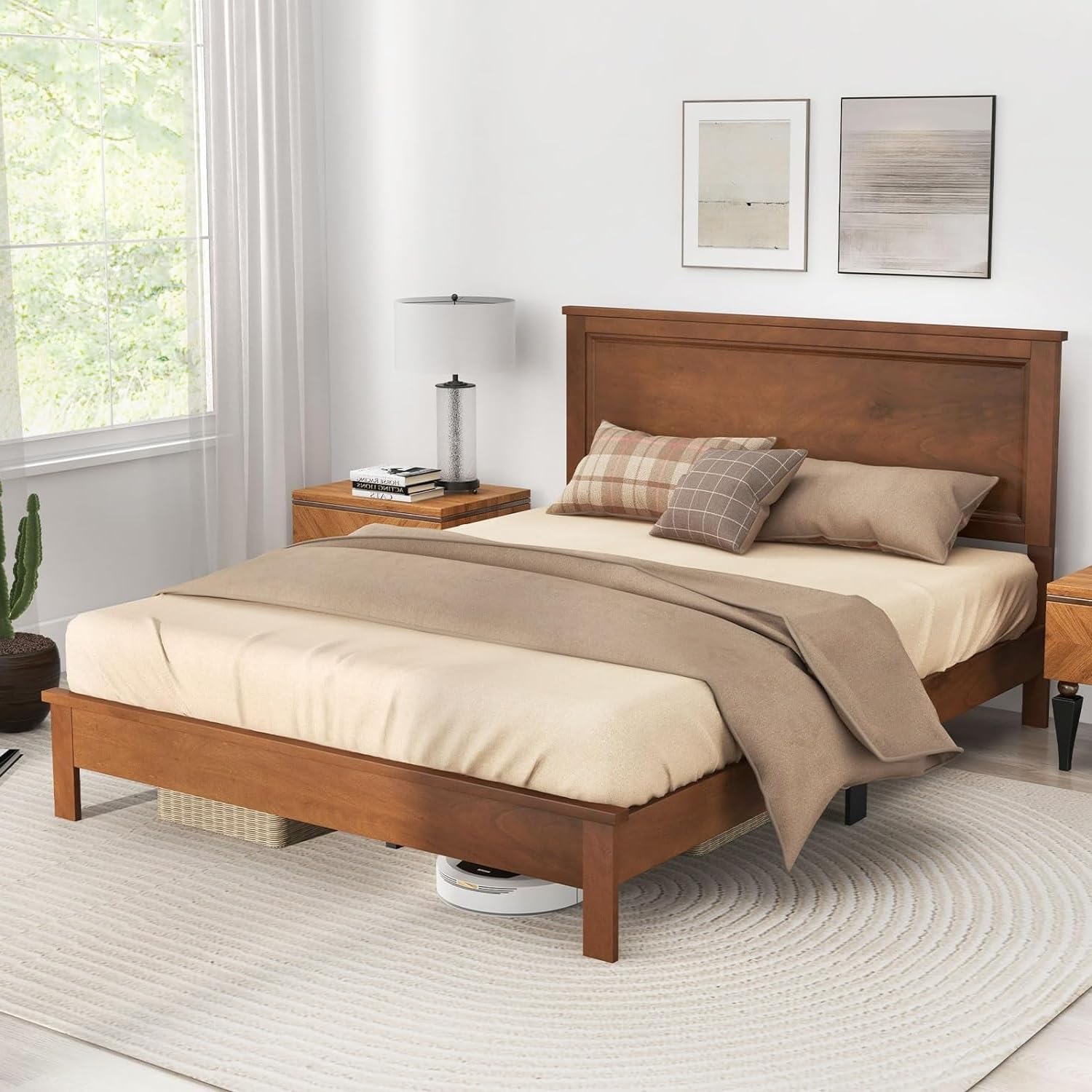 Wood Platform Bed Frame with Headboard, Mid Century Platform Bed Frame with Solid Wood Legs & Wooden Slat Support