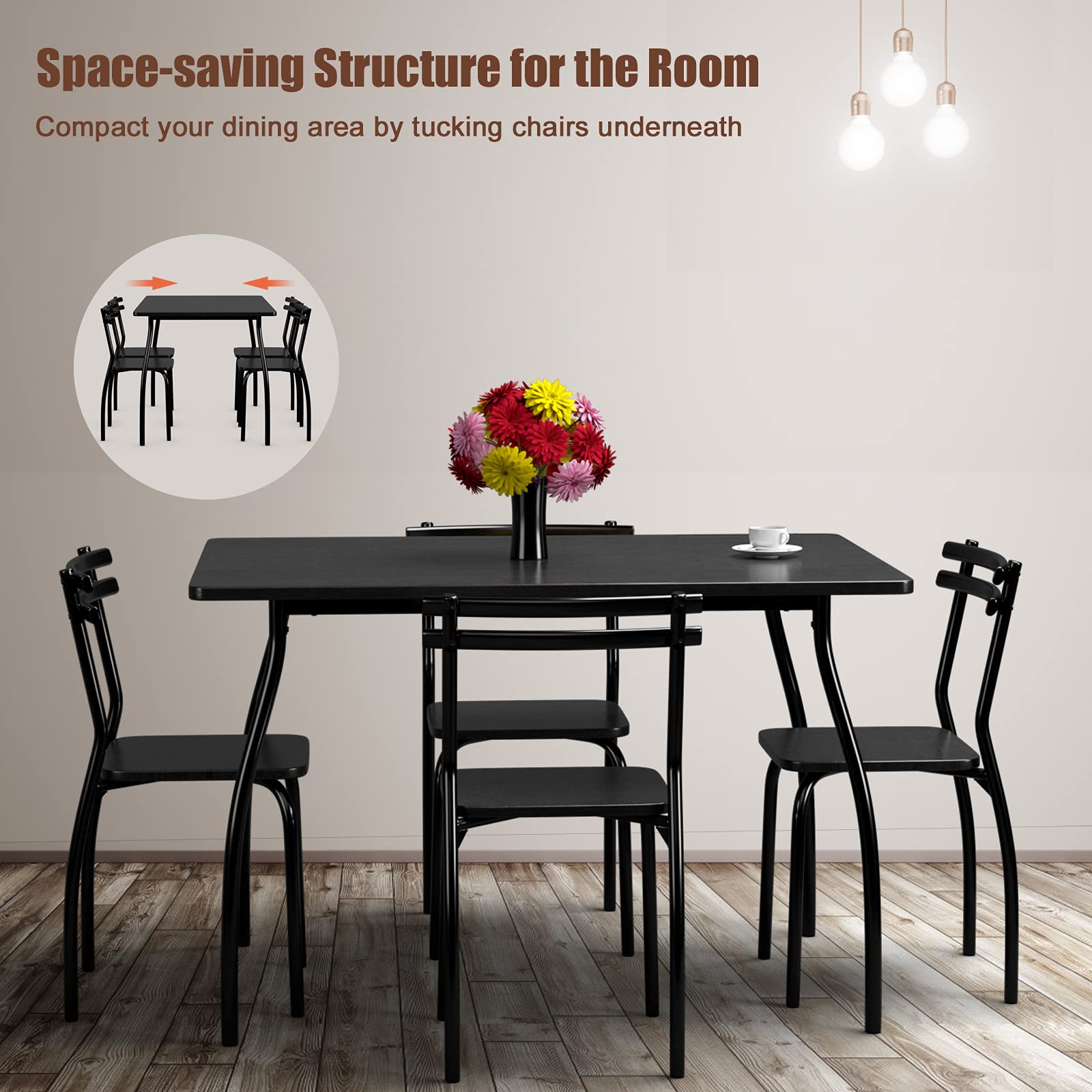 5 Piece Dining Table Set and 4 Chairs, Home Kitchen Room Breakfast Furniture