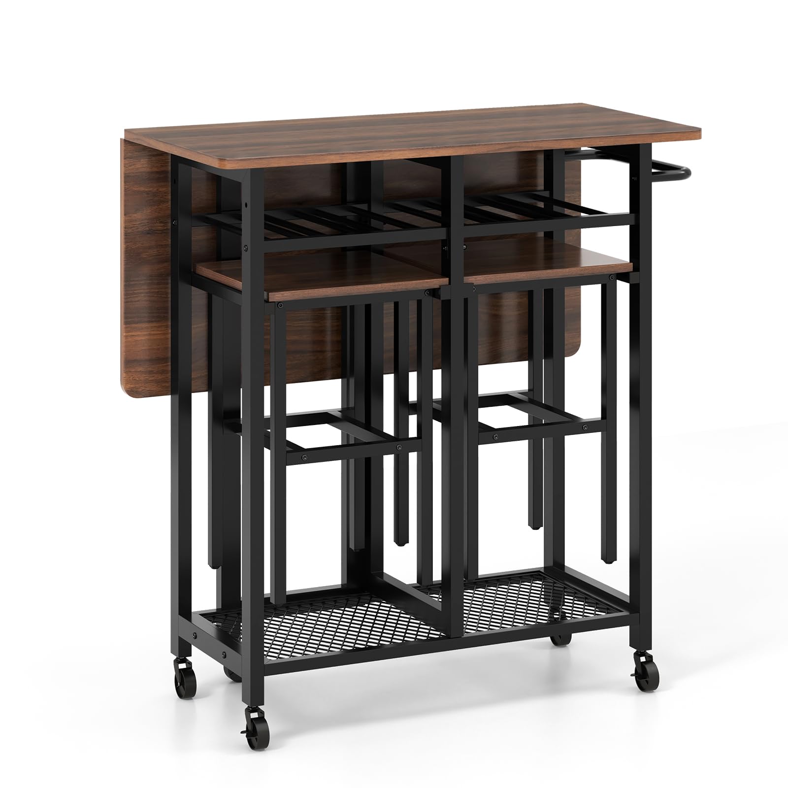3 Piece Foldable Dining Table Set, Extendable Dining Table & 2 Stools Set w/ 6-Bottle Wine Rack, Shelves & Side Pushing Handle