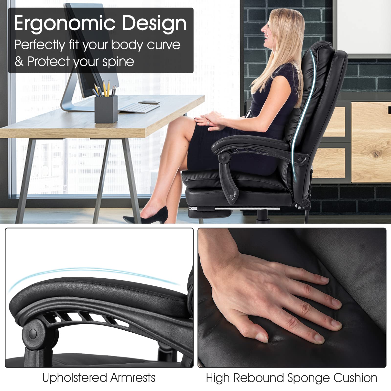 Ergonomic Office Chair with Footrest, PU Leather Reclining Chair with Padded Armrests & Soft Cushioned