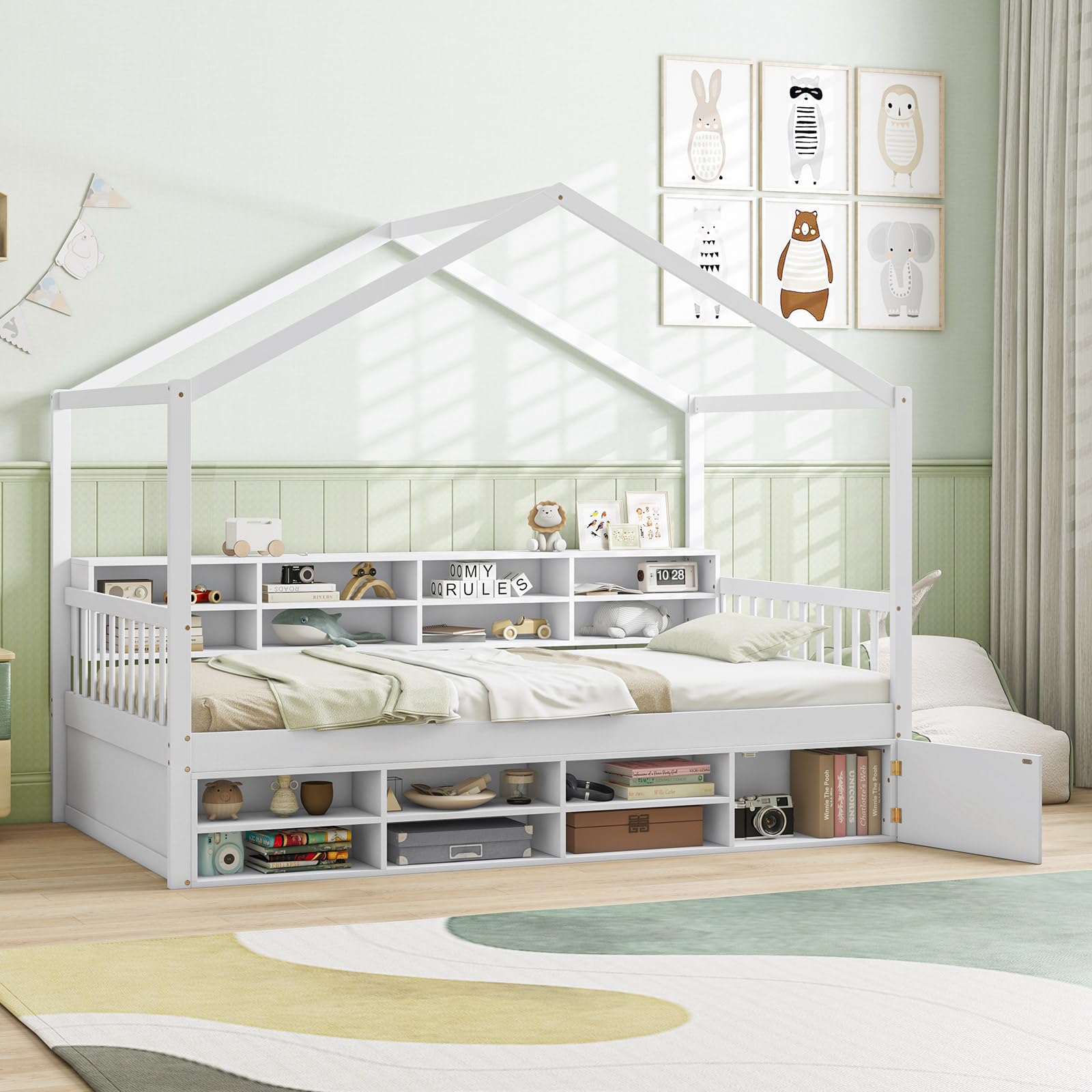 Twin Size House Bed with Storage, Wooden Montessori House Bed with 14 Storage Cubes, Enclosed Cabinet, Wood Slats & Fencing