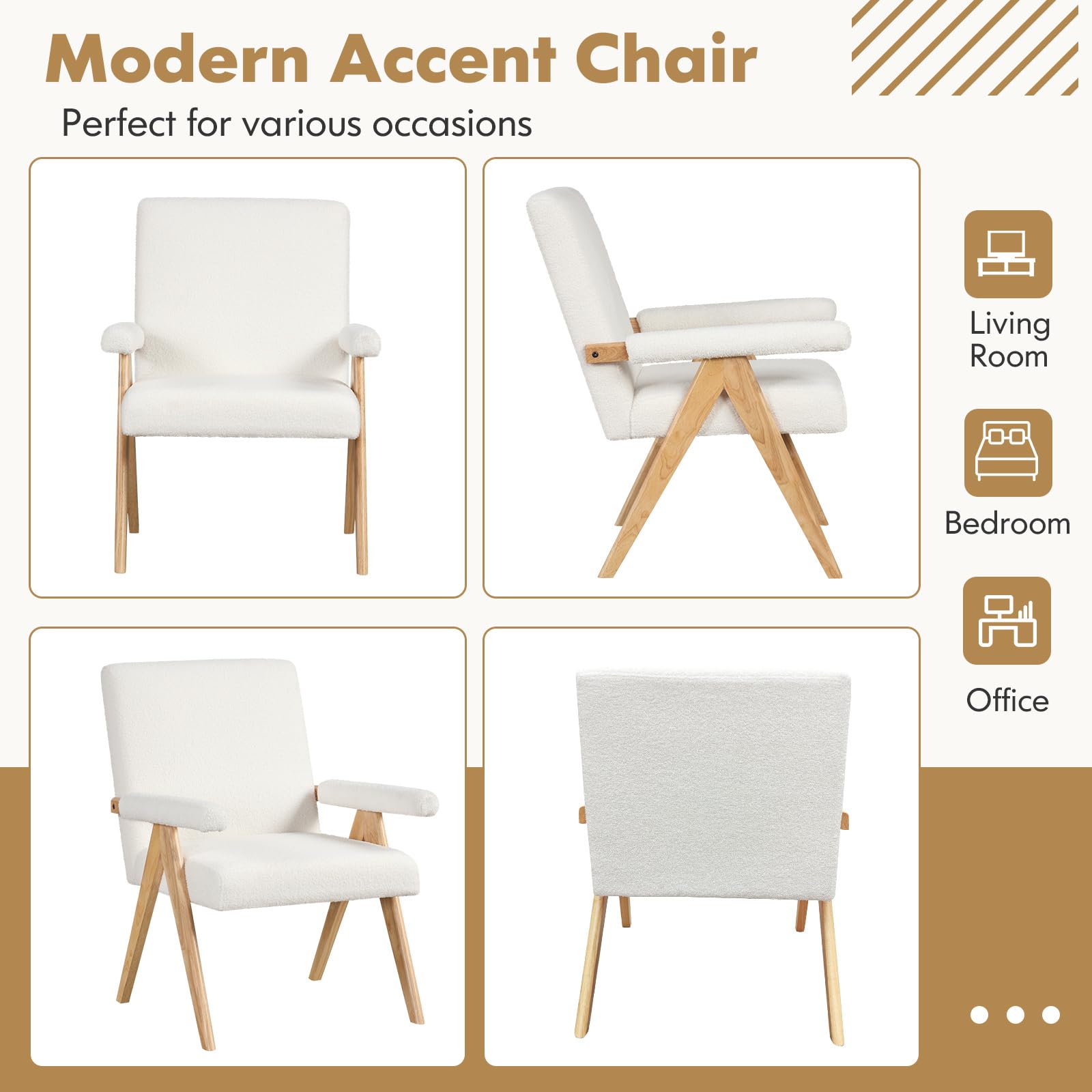Mid-Century Modern Accent Chair, Sherpa Fabric Reading Chair with Padded Armrests, Solid Rubber Wood Frame