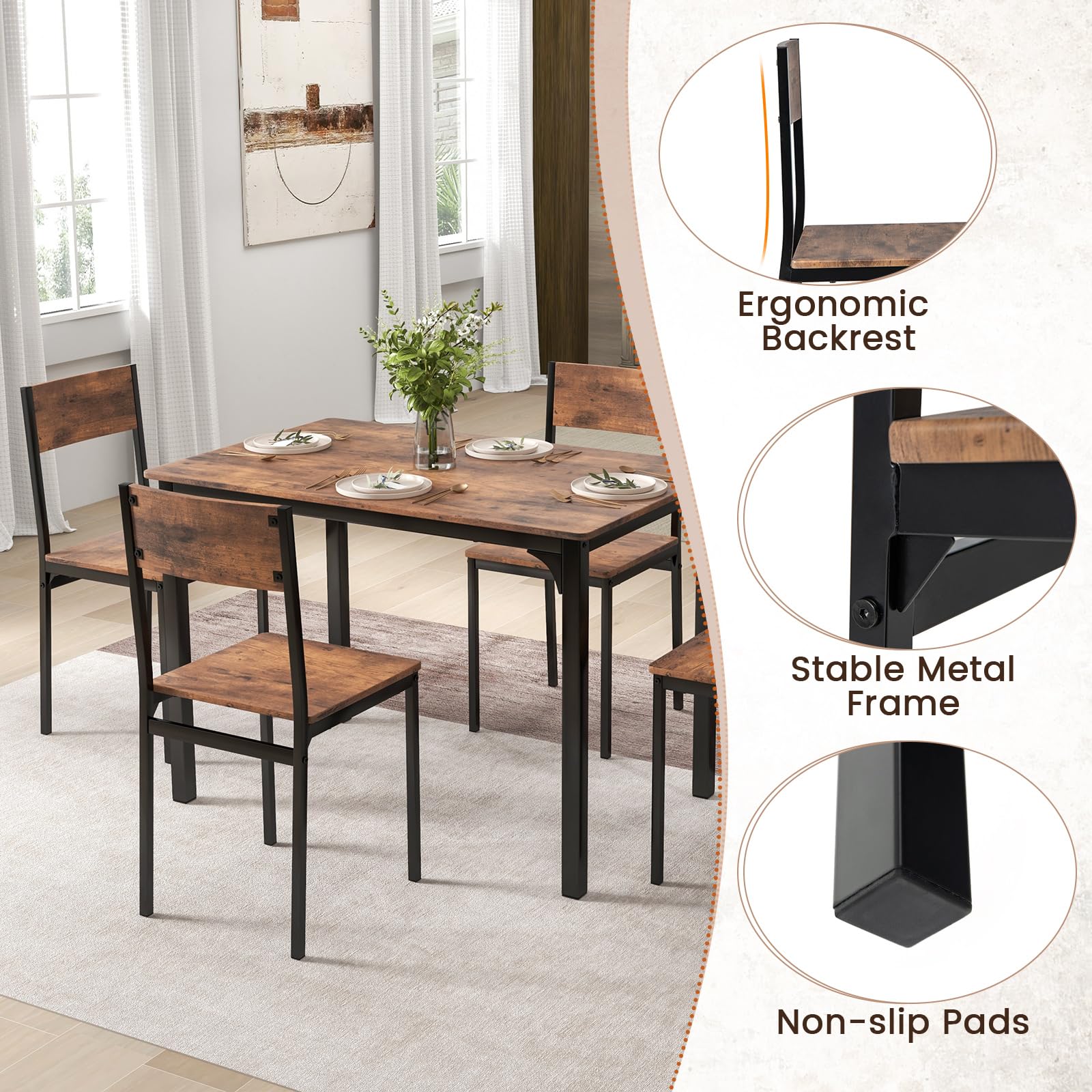 5-Piece Dining Table Set, Industrial Kitchen Table and Chairs for 4 with Backrest and Metal Frame