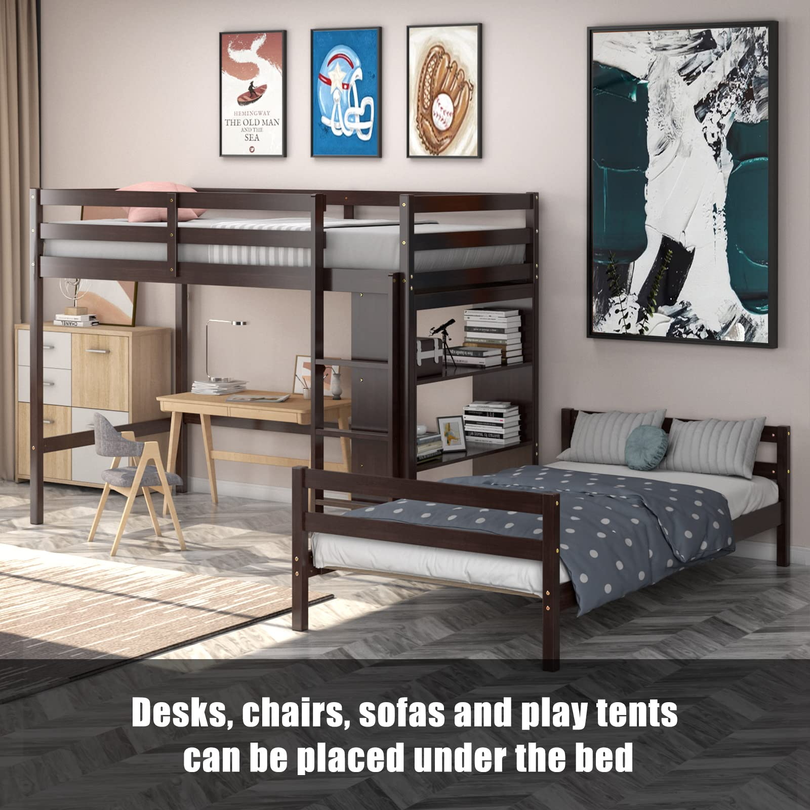 Twin Over Twin Bunk Bed, Convertible Wooden Loft Bed with 3-Tier Bookcase, Can be Separated into 2 Beds