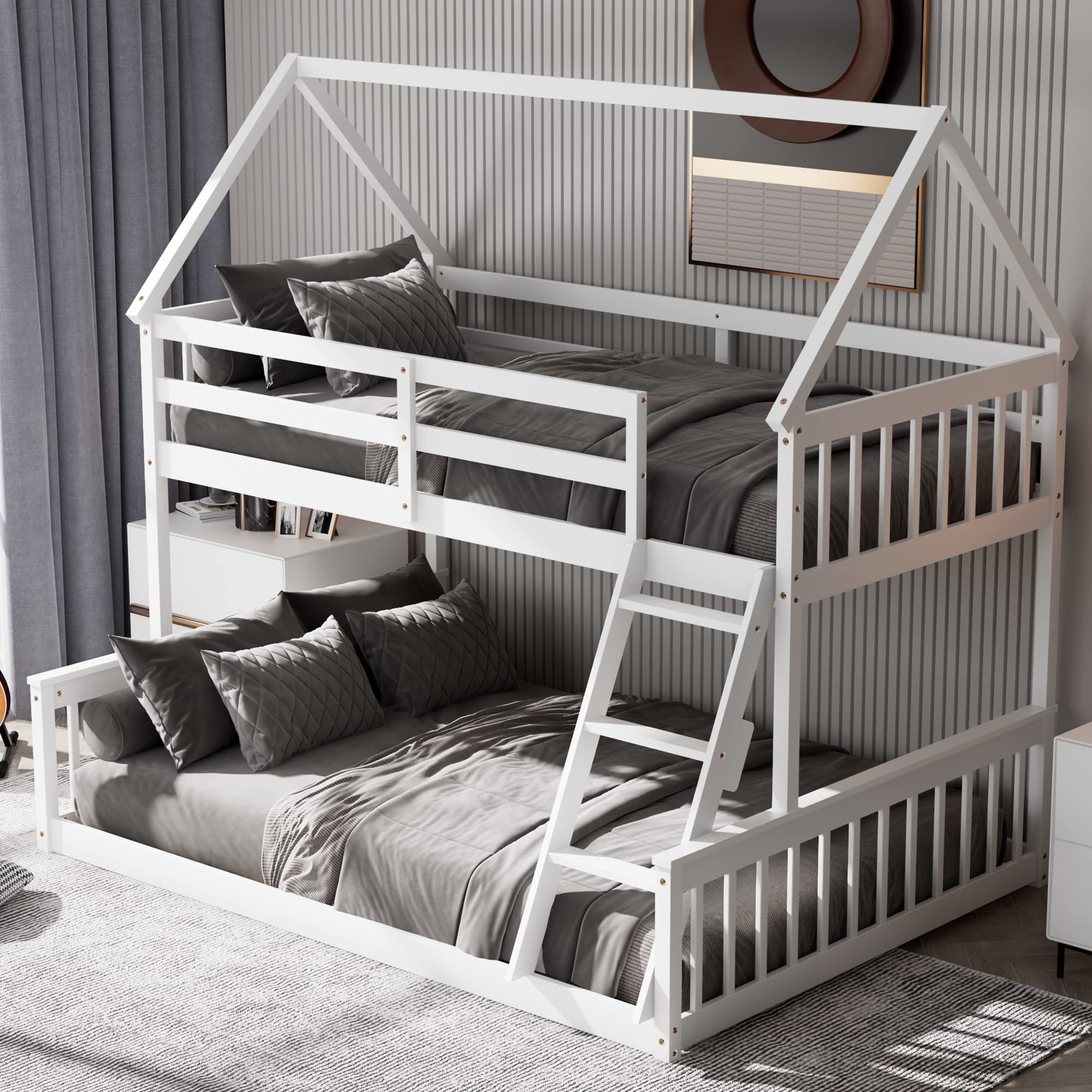 Twin Over Full Wood House Bunk Bed with Integrated Ladder & Safety Guardrails, Convertible to 2 Beds