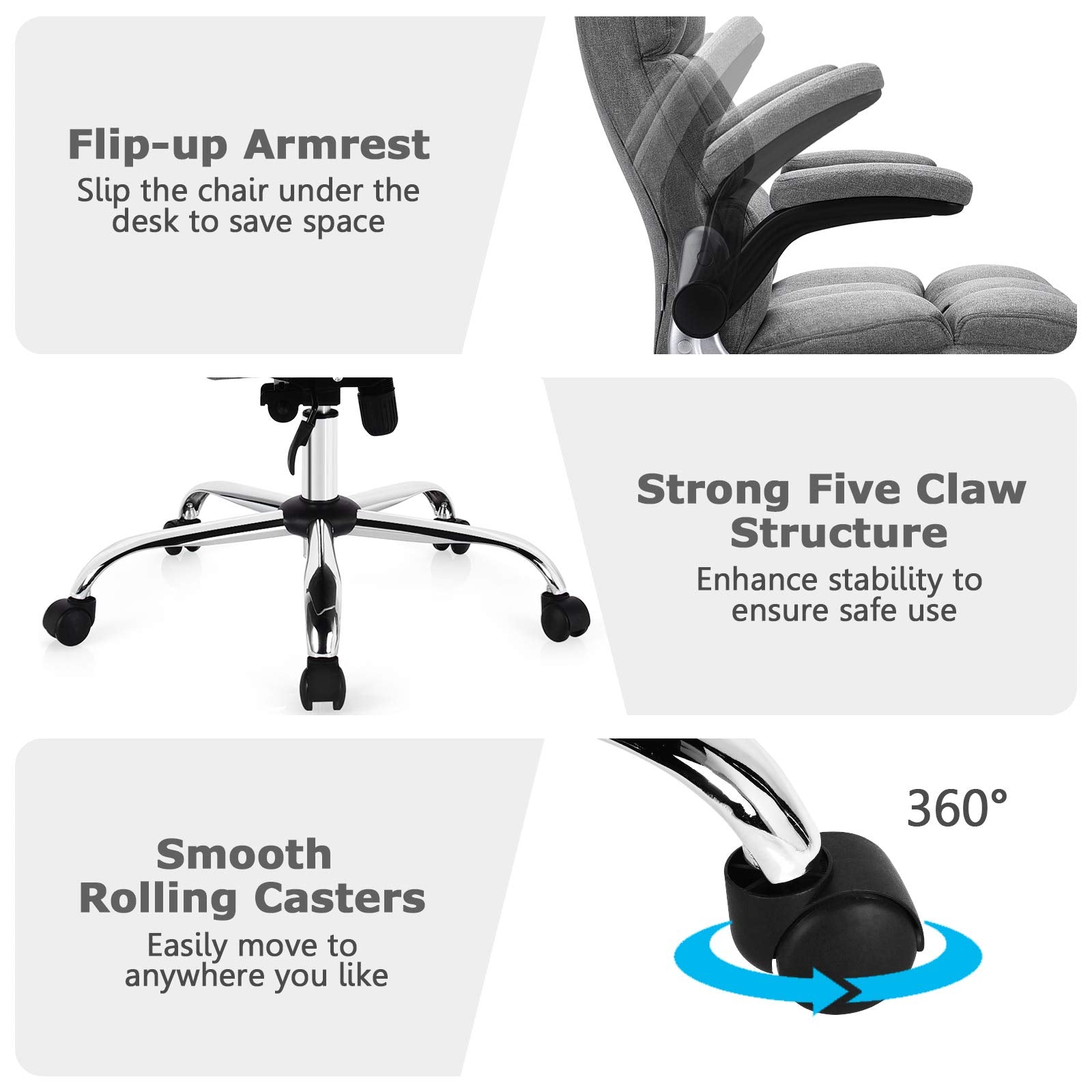 Executive Office Chair, Adjustable Tilt Angle and Flip-up Armrest Linen Fabric Upholstered Chair with Thick Padding