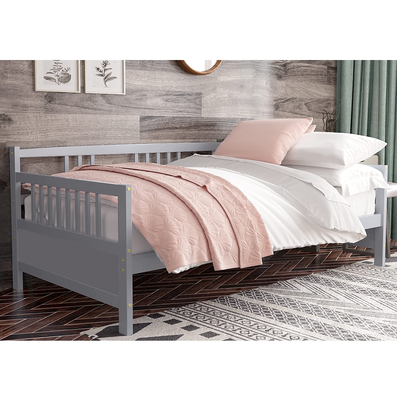 Twin Daybed Frame, Wooden Sofa Bed Guest Bed with Rails & Wood Slat Support