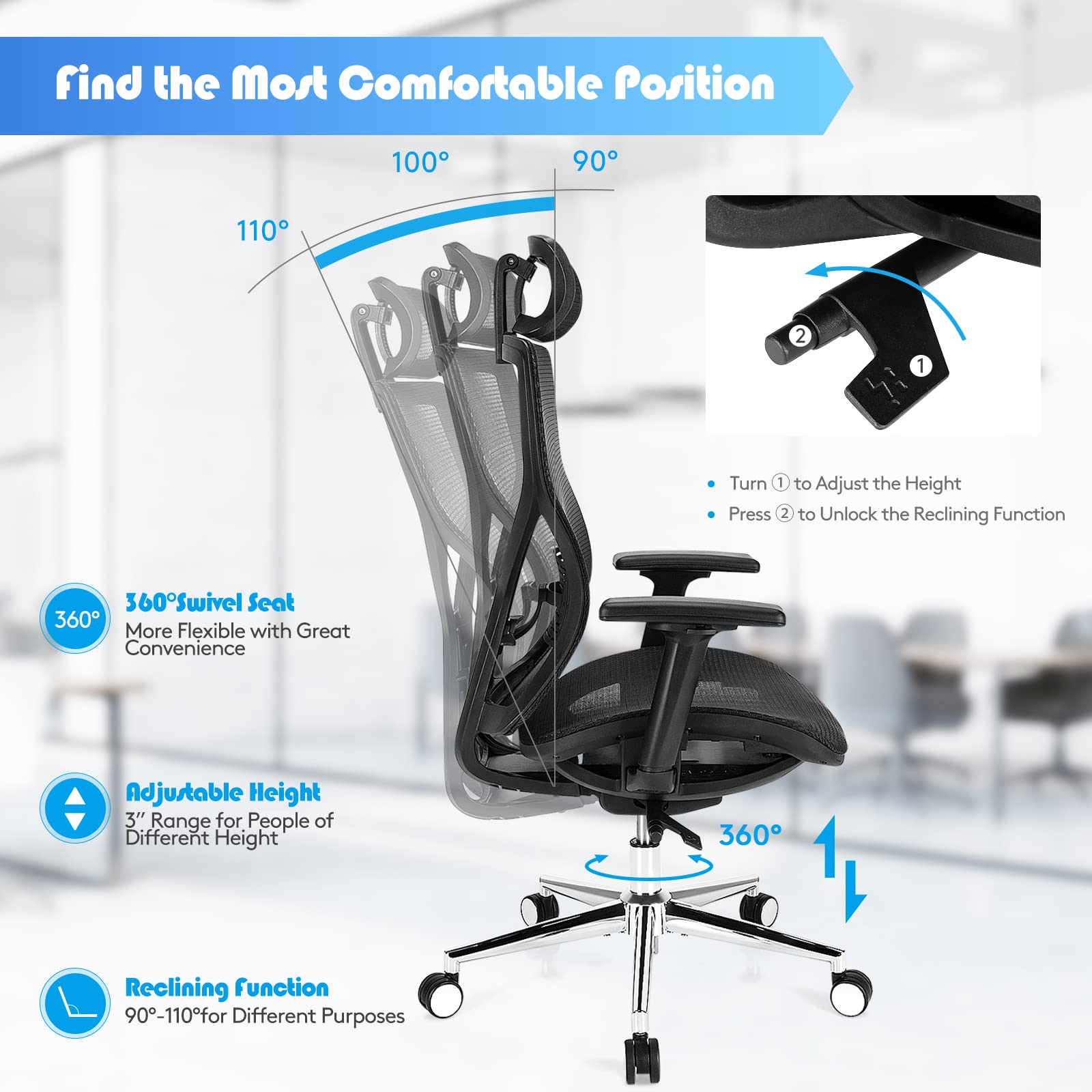 Ergonomic Office Chair, High-Back Mesh Executive Chair, with Adjustable Headrest, 3D Armrest, Lumbar Support, Reclining Backrest