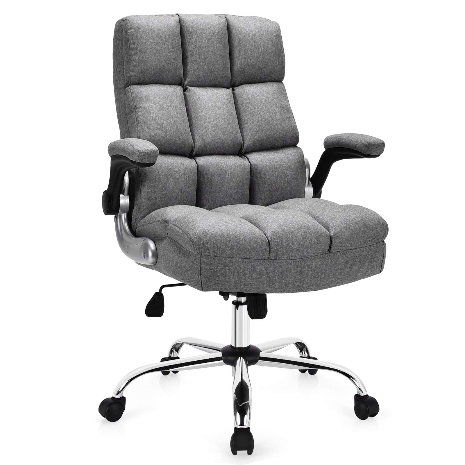 Executive Office Chair, Adjustable Tilt Angle and Flip-up Armrest Linen Fabric Upholstered Chair with Thick Padding