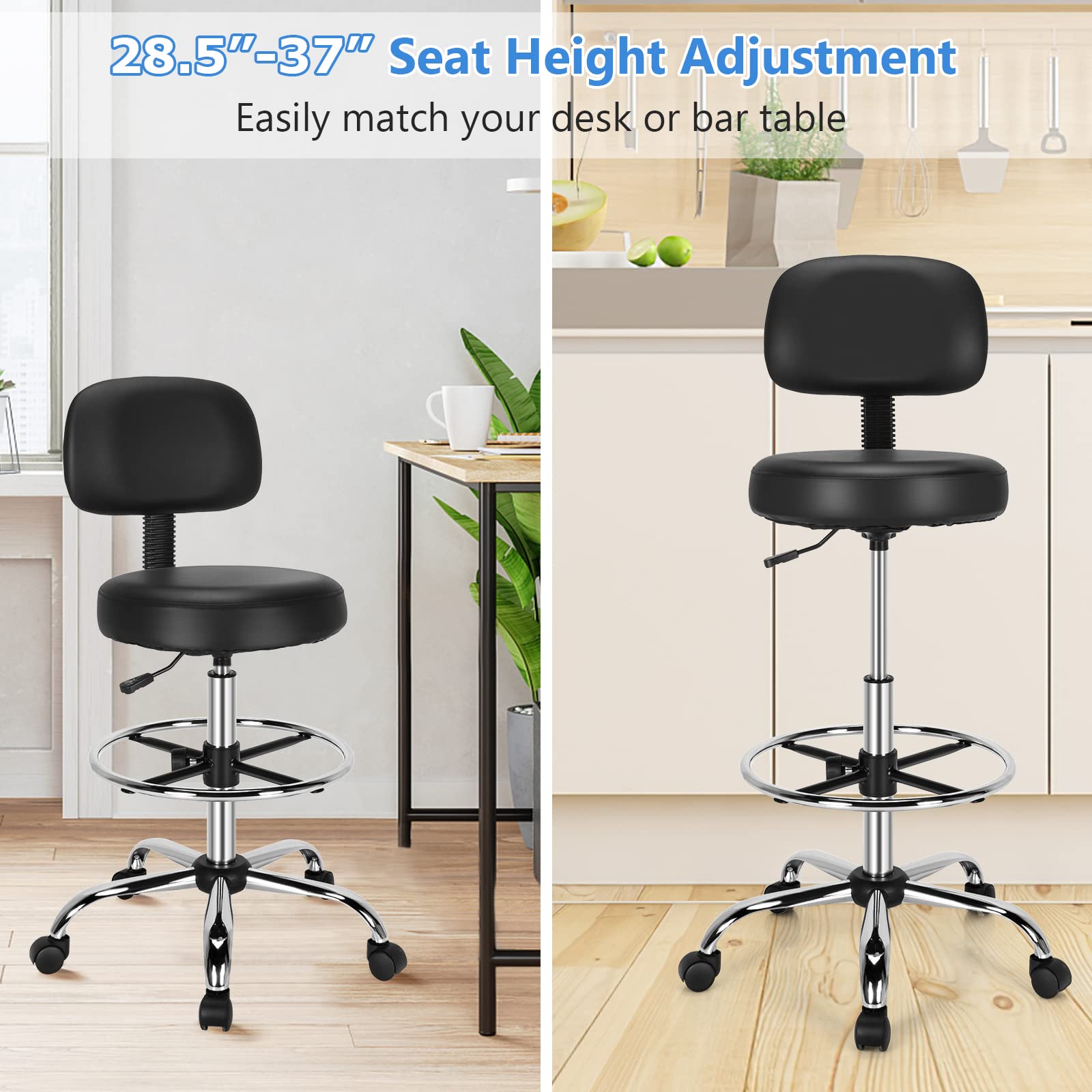 PU Leather Drafting Chair, Tall Office Chair with Retractable Mid Back, Standing Desk Chair with Adjustable Foot Ring