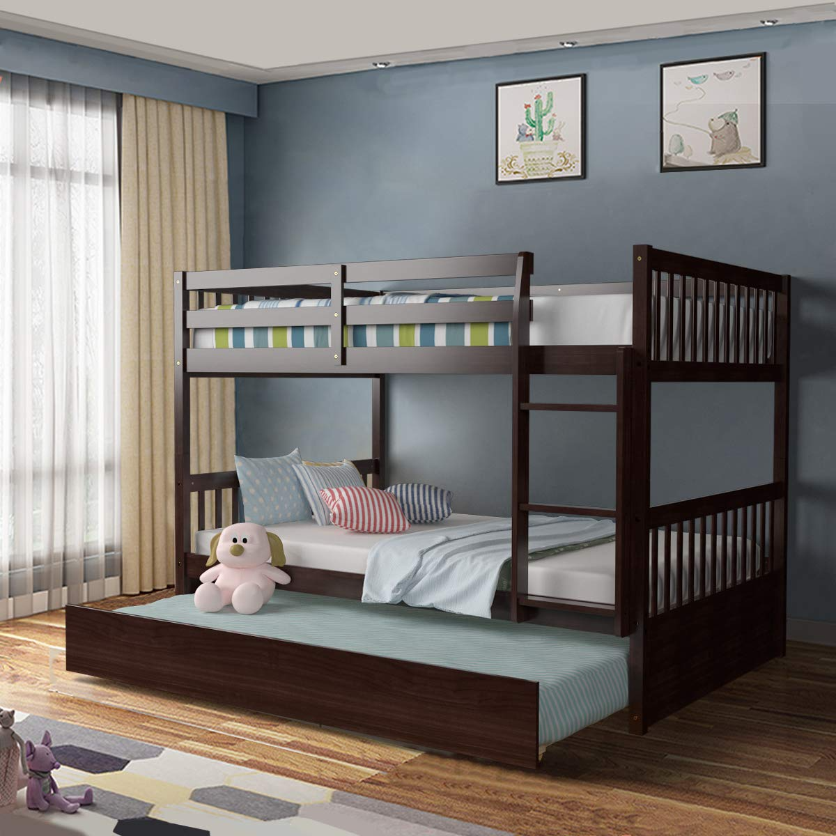 Full Over Full Wood Bunk Bed with Trundle, Ladder, Solid Wood Frame & Safety Guardrails