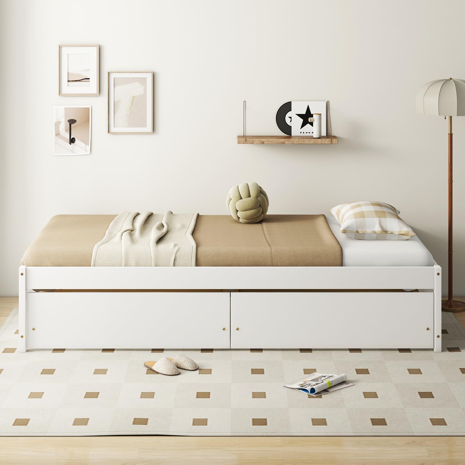 Bed Frame with 2 Storage Drawers, Solid Wood Platform Bed with Slats Support