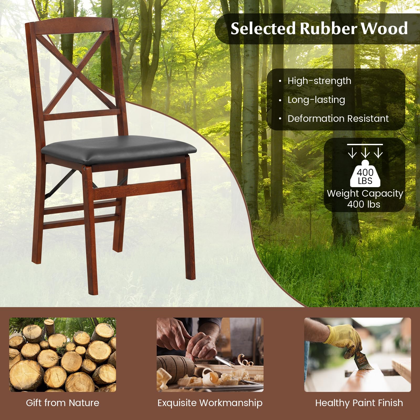 Folding Dining Chairs Set of 2/4, Foldable Wood Chairs with PVC Padded Seat & High Backrest