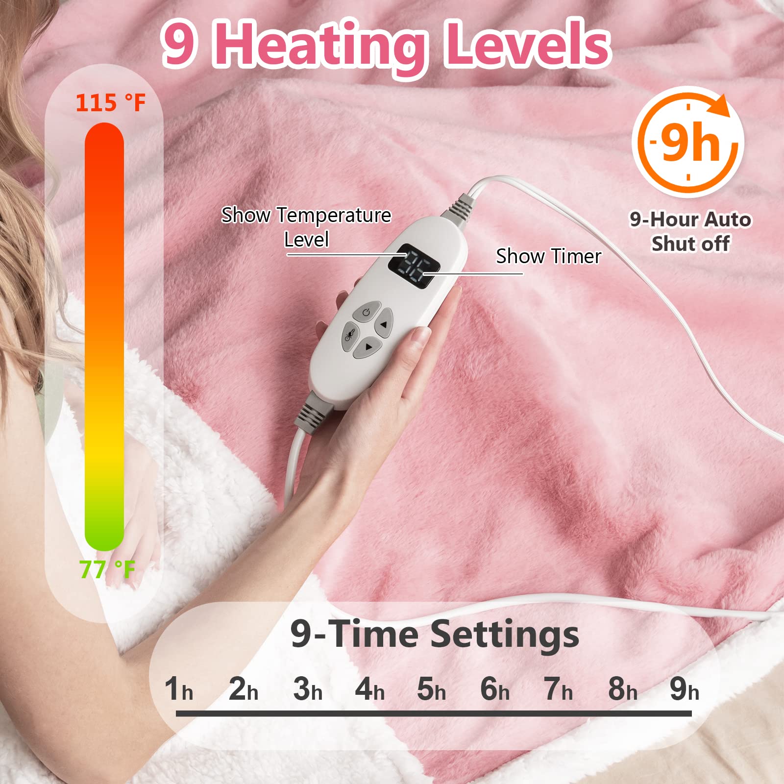 Heated Throw Blanket, Reversible Sherpa & Faux Rabbit Fur Heating Blanket w/ 10 Heat Levels, 9H Timer Auto Off, Machine Washable Blanket Warmer