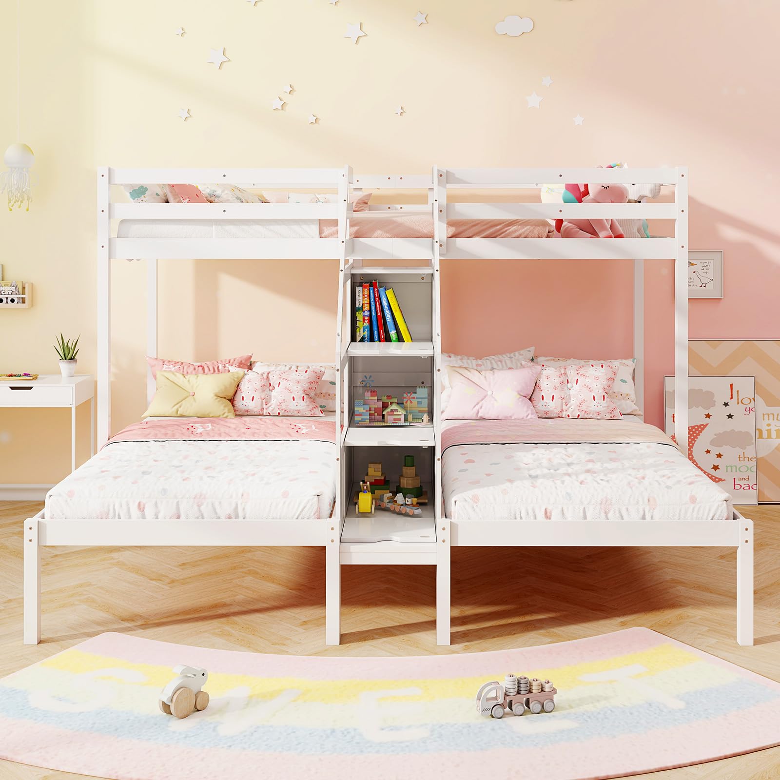 Triple Bunk Beds with 4-Step Storage Stair, Guardrail & Solid Wood Structure