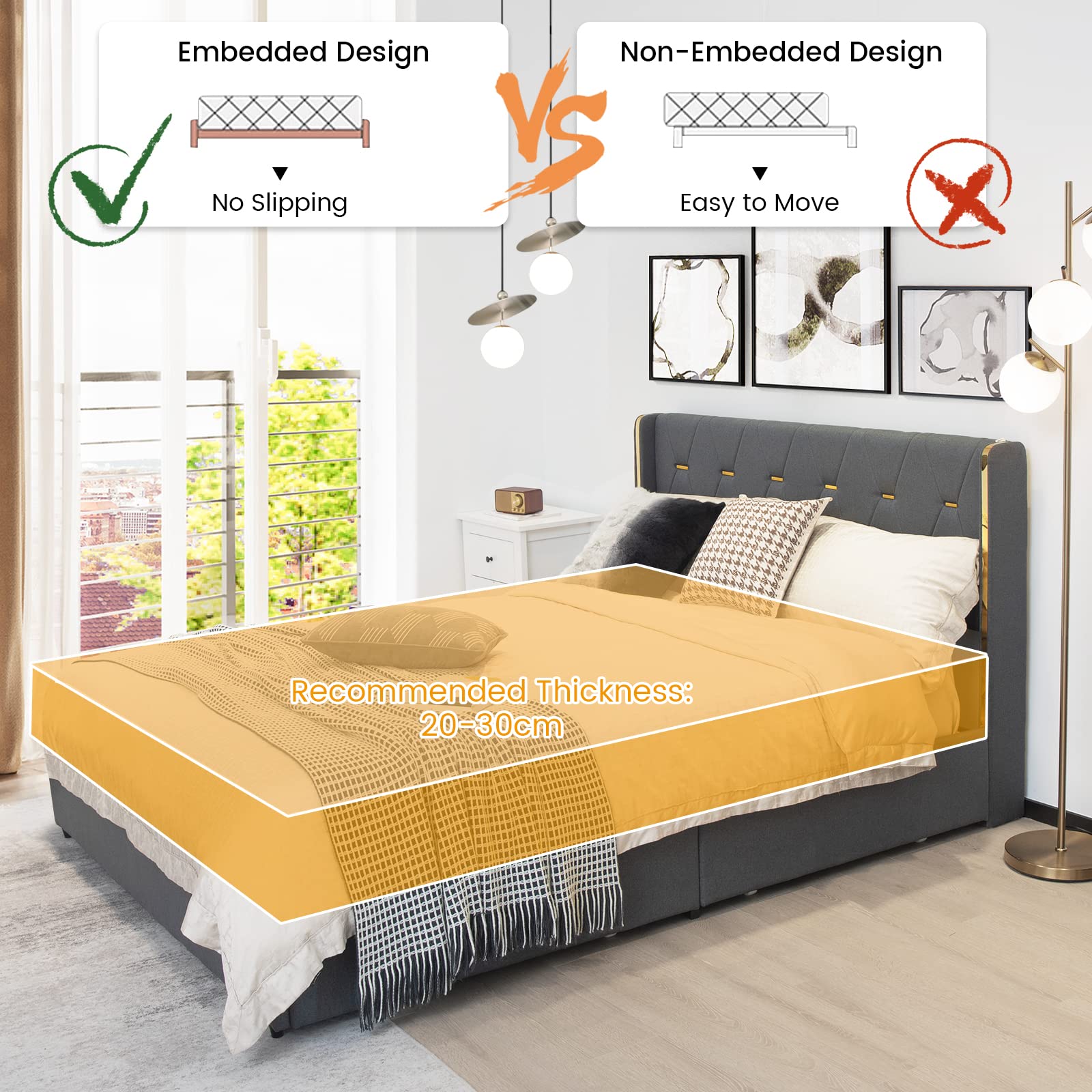 Full/Queen Upholstered Bed Frame with 4 Rolling Storage Drawers, Space Saving PU Leather Bed Frame