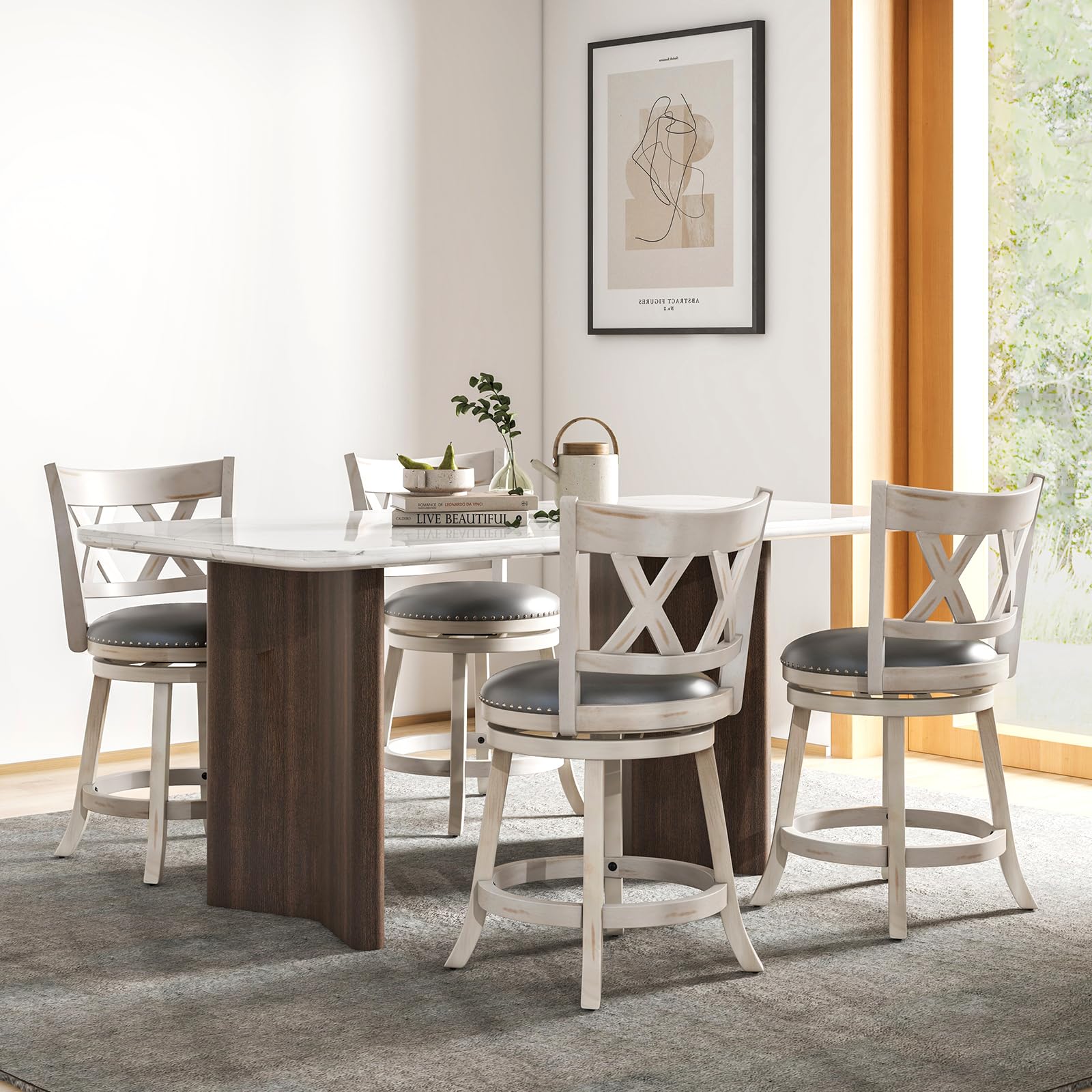 25.5" Bar Stools Set of 2/4, Swivel Counter Height Stools with Back, 20" Wide Padded Seat, Rubber Wood Frame