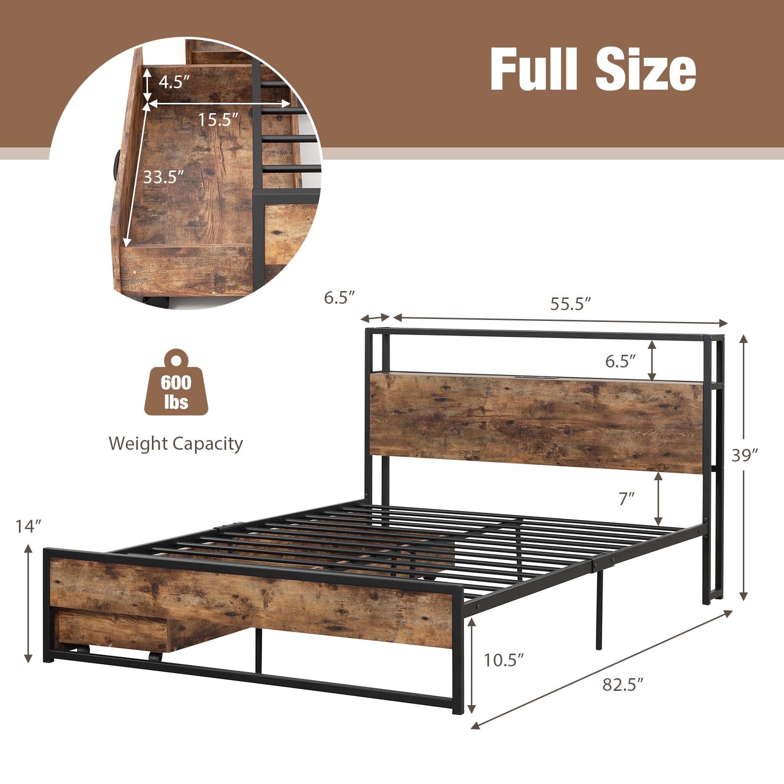Bed Frame with 2 Storage Drawers and Charging Station, Rustic Metal Slats Support Mattress Foundation