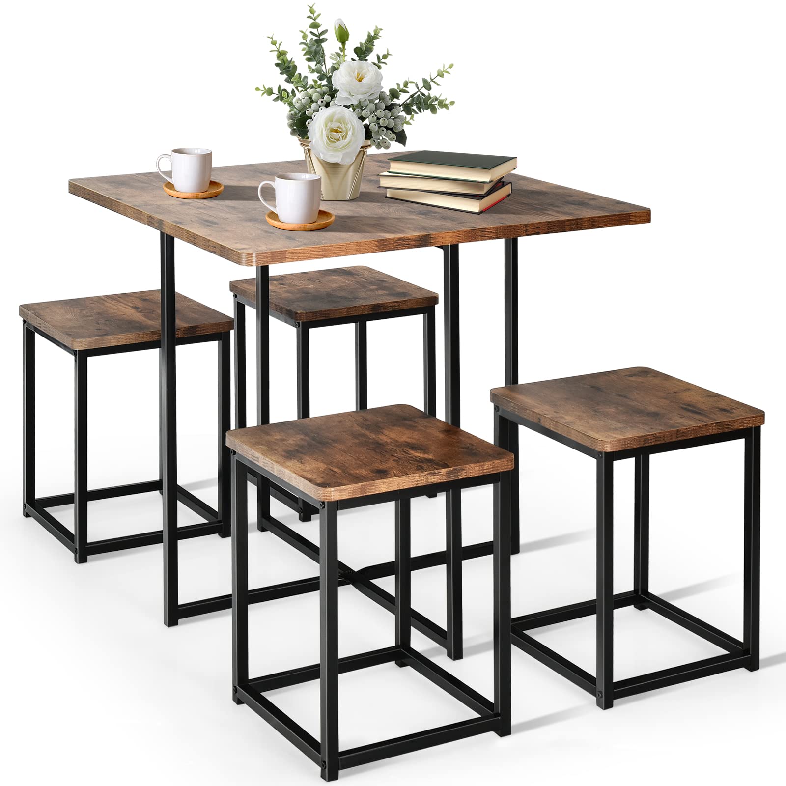 5 Piece Dining Table Set, Counter Kitchen Table and Chair Set for 4 Includes 1 Square Table and 4 Stools