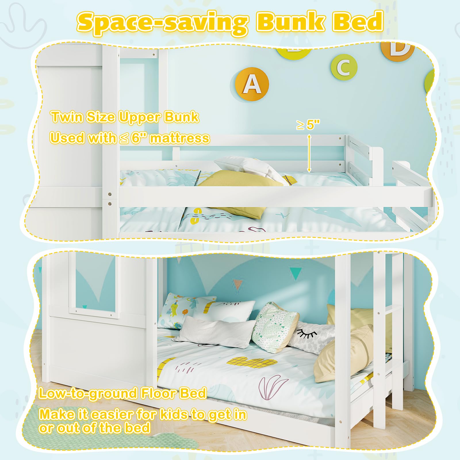 Twin Over Twin Wood Floor Bunk Bed with Built in Ladder, Window & Safety Guardrail
