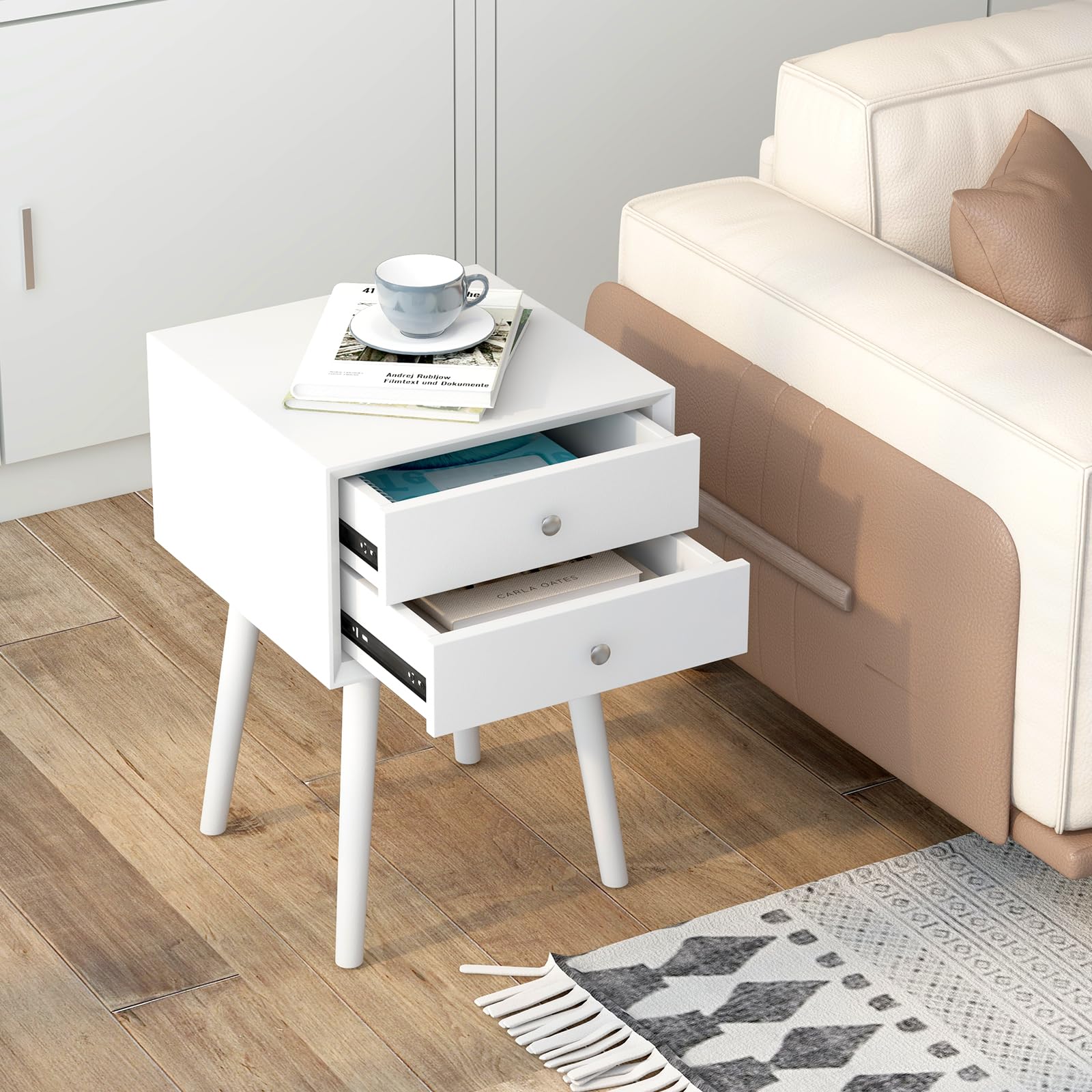 2-Drawer Nightstand, Mid-Century Modern Bed Side Table with Storage