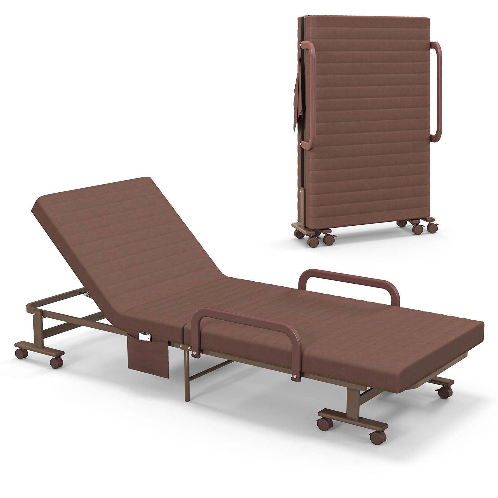 Folding Bed With Mattress, Portable Guest Bed With Adjustable 6 Position & Side Storage Pocket