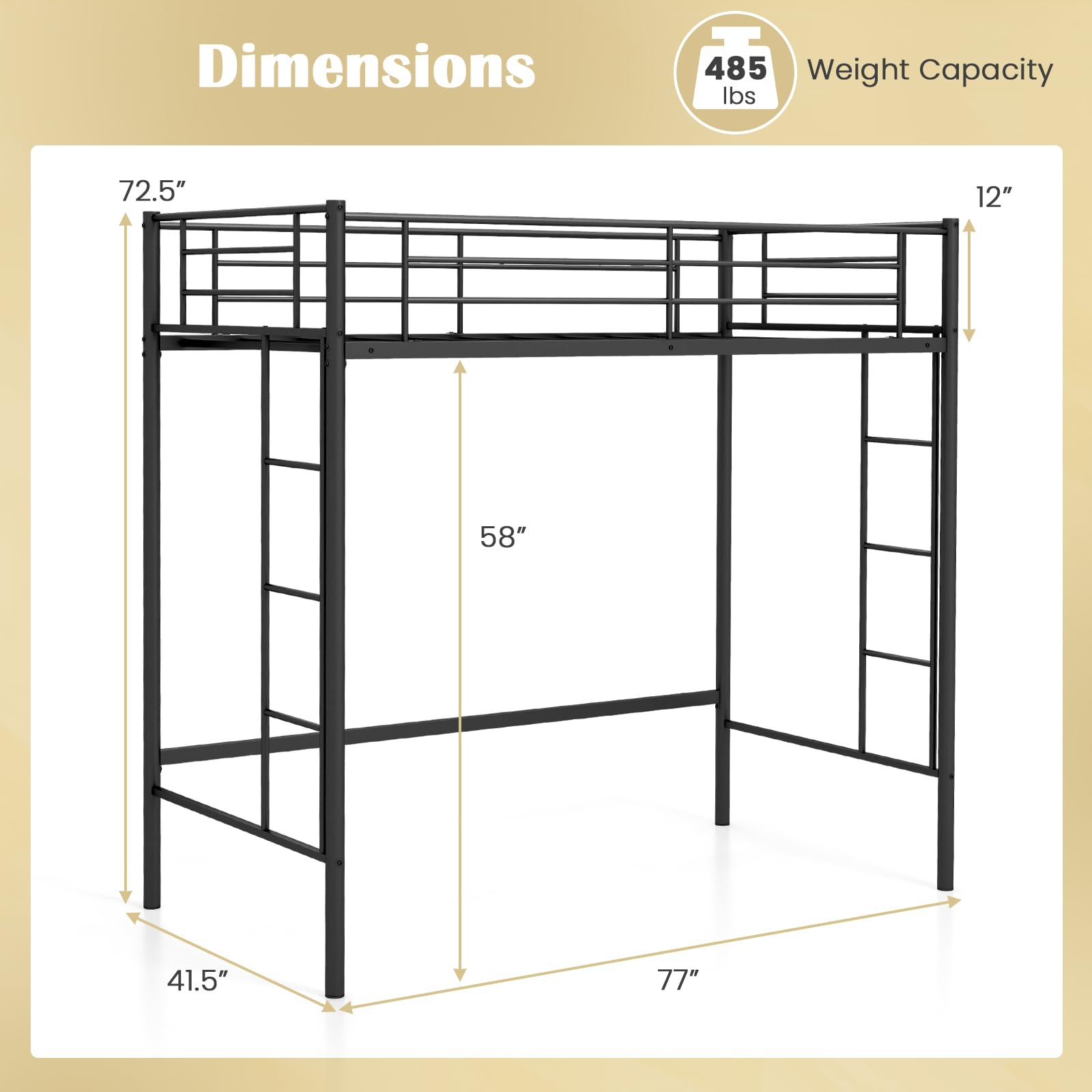 Twin Size Metal Loft Bed with Both Side Ladders & Safety Guardrails