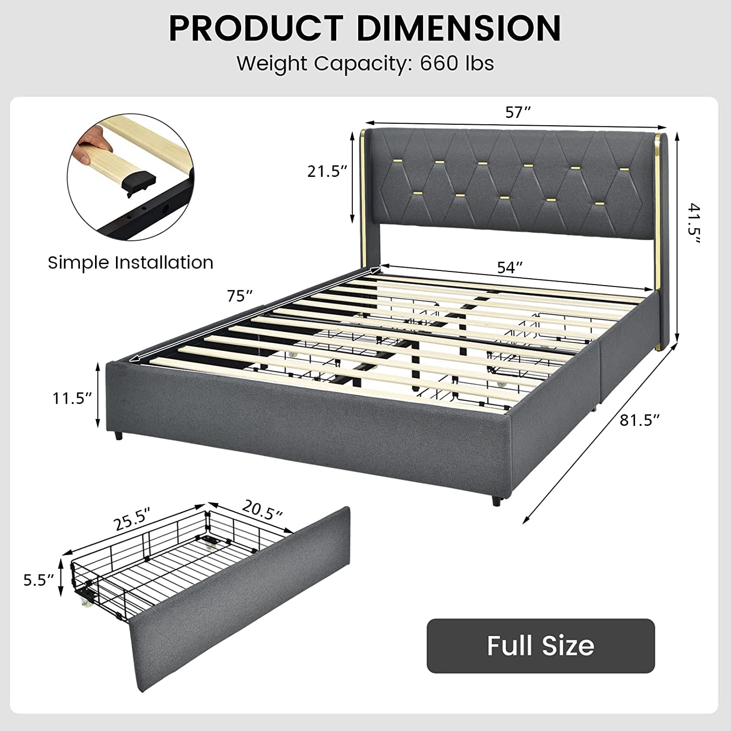Full/Queen Upholstered Bed Frame with 4 Rolling Storage Drawers, Space Saving PU Leather Bed Frame