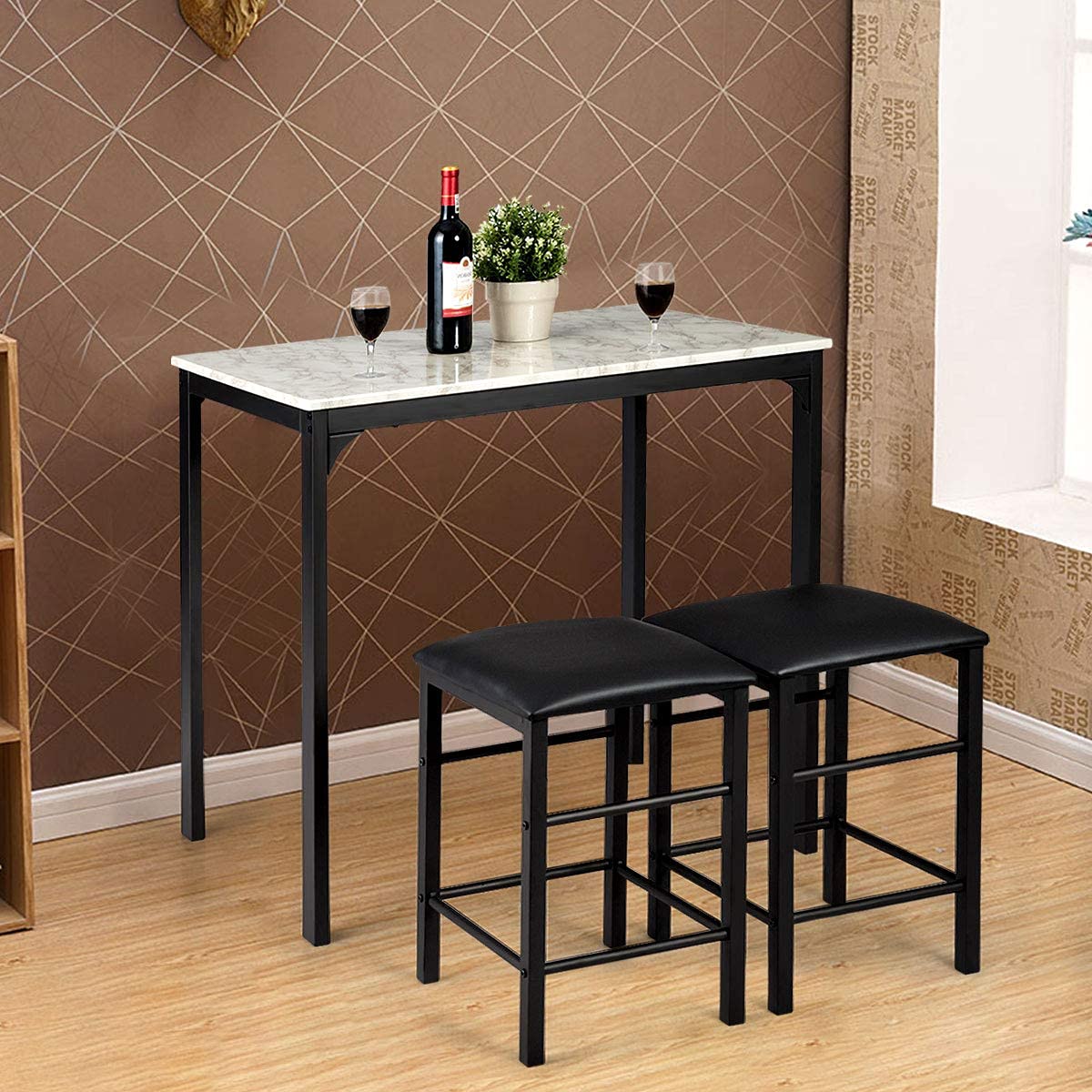 3 Piece Dining Table and Chairs Set with Faux Marble Tabletop 2 Chairs