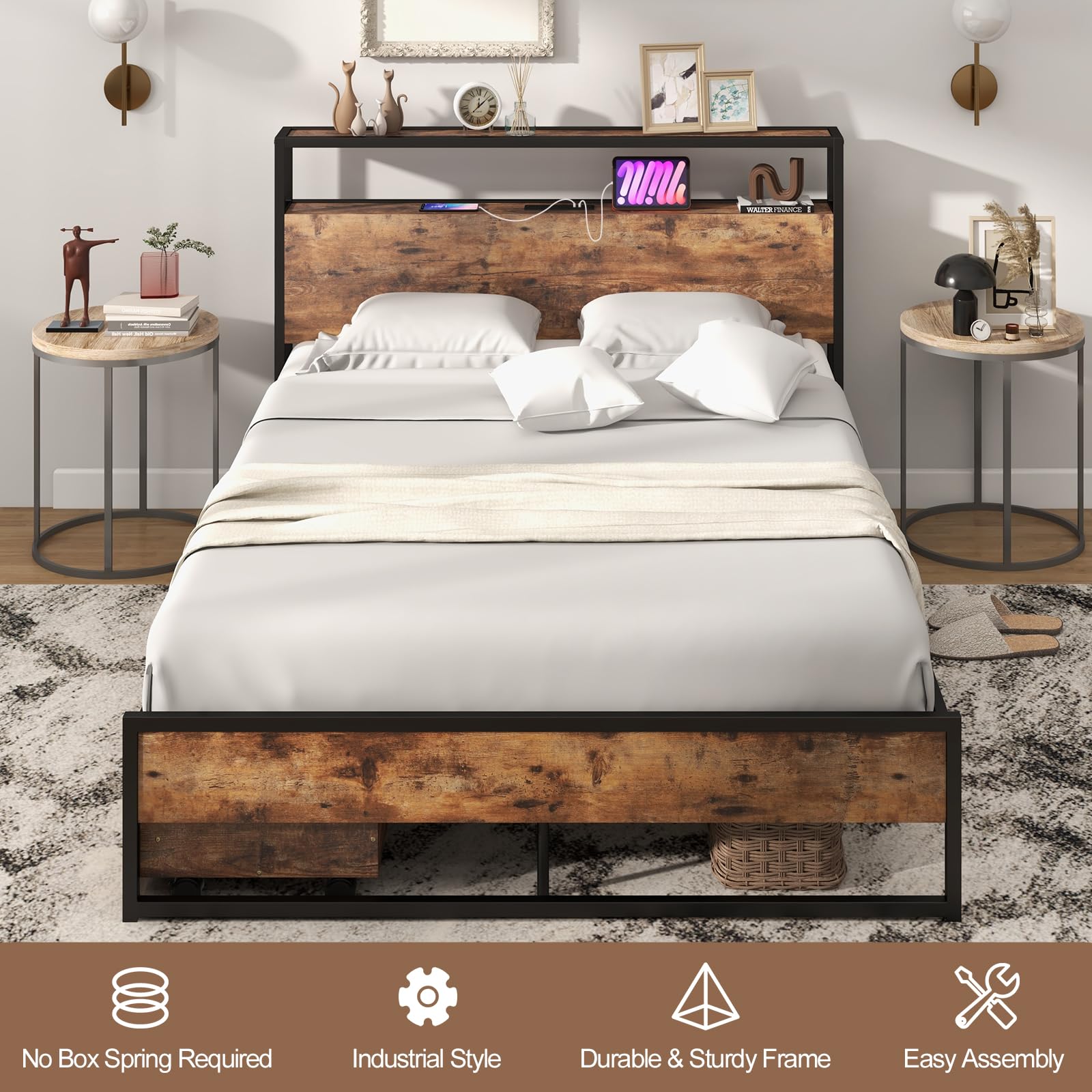 Bed Frame with 2 Storage Drawers and Charging Station, Rustic Metal Slats Support Mattress Foundation