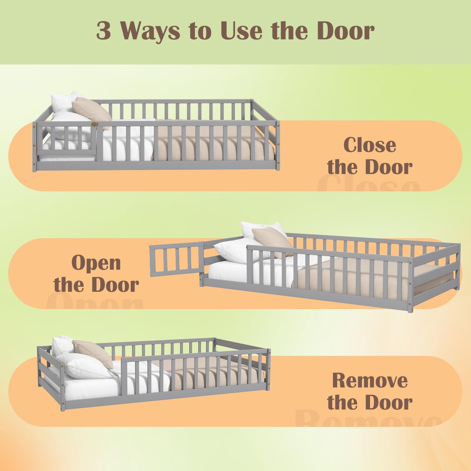 Twin Floor Bed with Door & Fence, Kids Wood Montessori Bed with Safety Guardrails