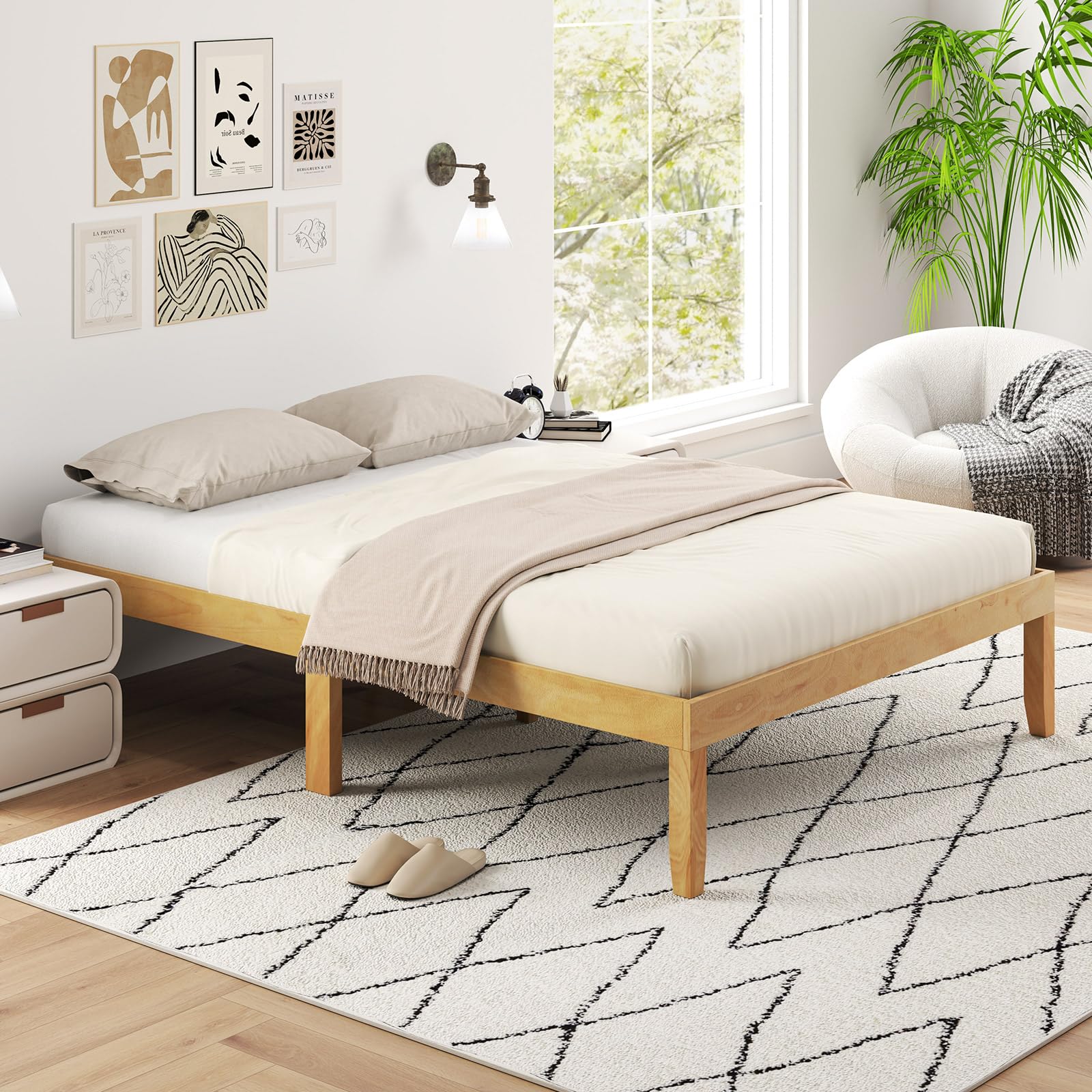 Wood Platform Bed Frame, 14 Inches Wooden Mattress Foundation with Solid Rubber Wood Legs